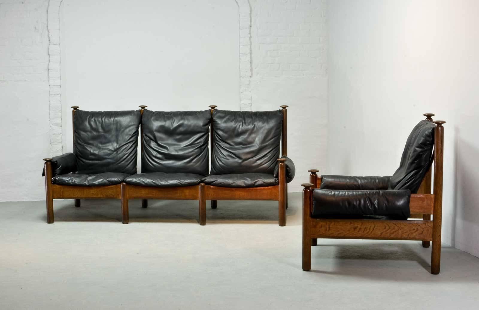 Sturdy Midcentury Scandinavian Black Leather Sofa Set, 1960s In Good Condition In Maastricht, NL