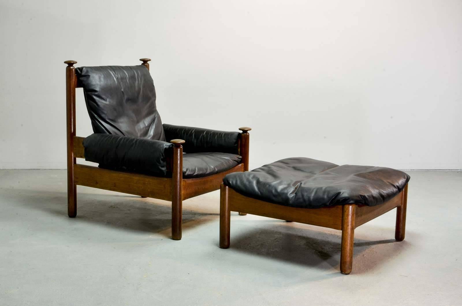 Sturdy Midcentury Scandinavian Black Leather Sofa Set, 1960s 3
