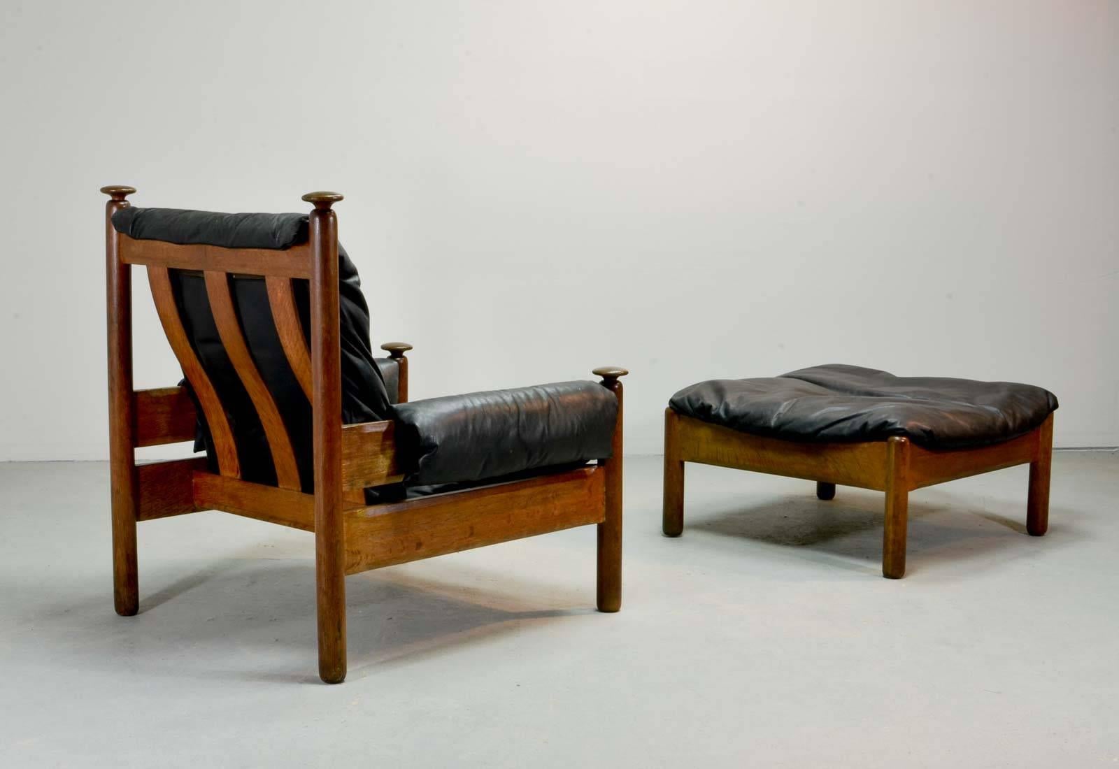 Sturdy Midcentury Scandinavian Black Leather Sofa Set, 1960s 4