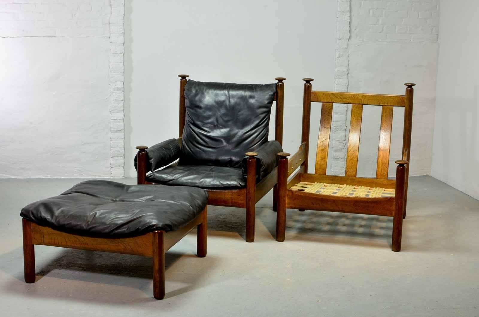 Mid-Century Modern Sturdy Midcentury Black Leather Scandinavian Lounge Chair with Ottoman, 1960s