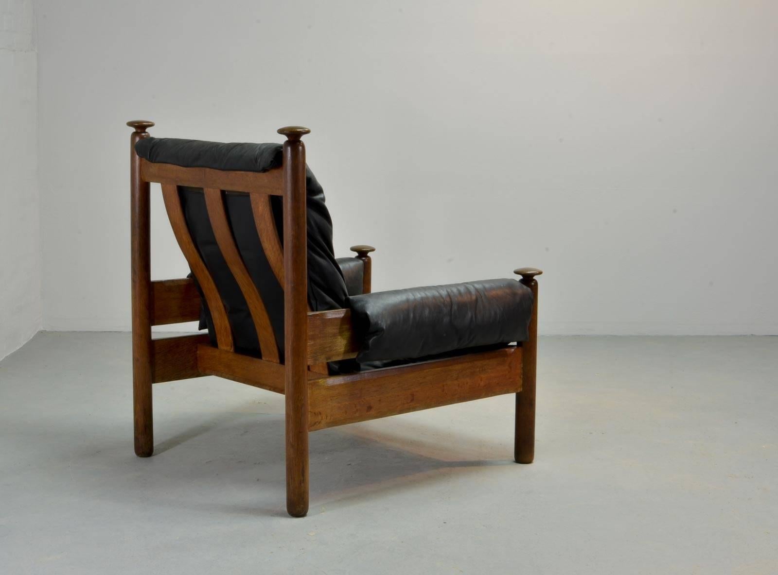 Mid-20th Century Sturdy Midcentury Black Leather Scandinavian Lounge Chair with Ottoman, 1960s