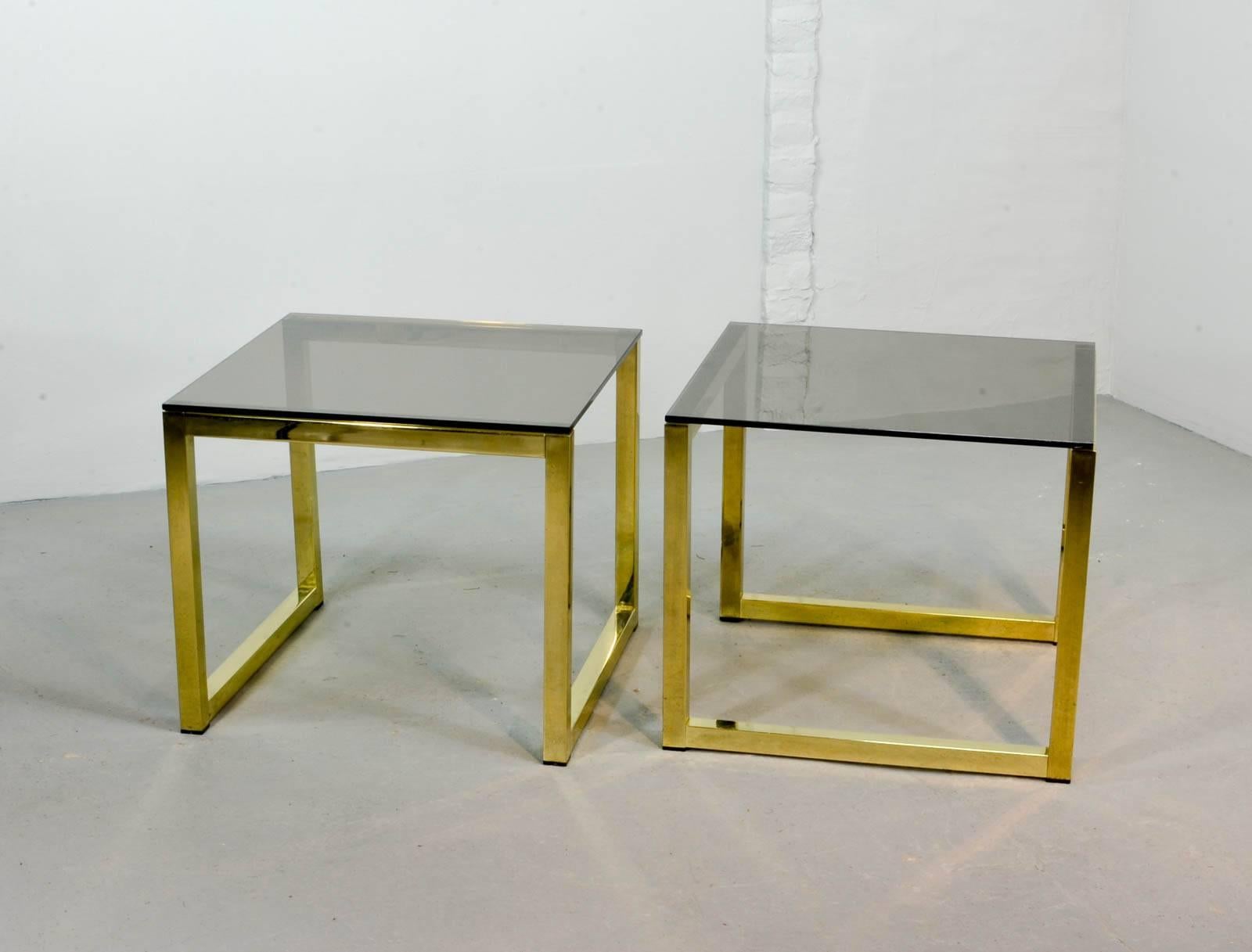 Mid-Century Modern Pair of Mid-Century Hollywood Regency Cubic Side Tables with Smokey Glass Top