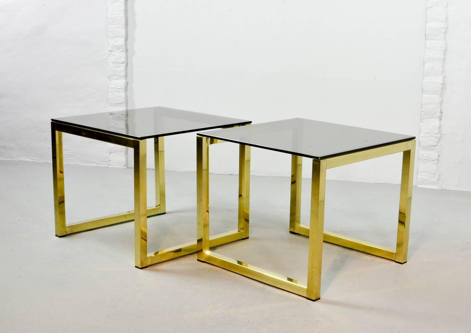 Belgian Pair of Mid-Century Hollywood Regency Cubic Side Tables with Smokey Glass Top
