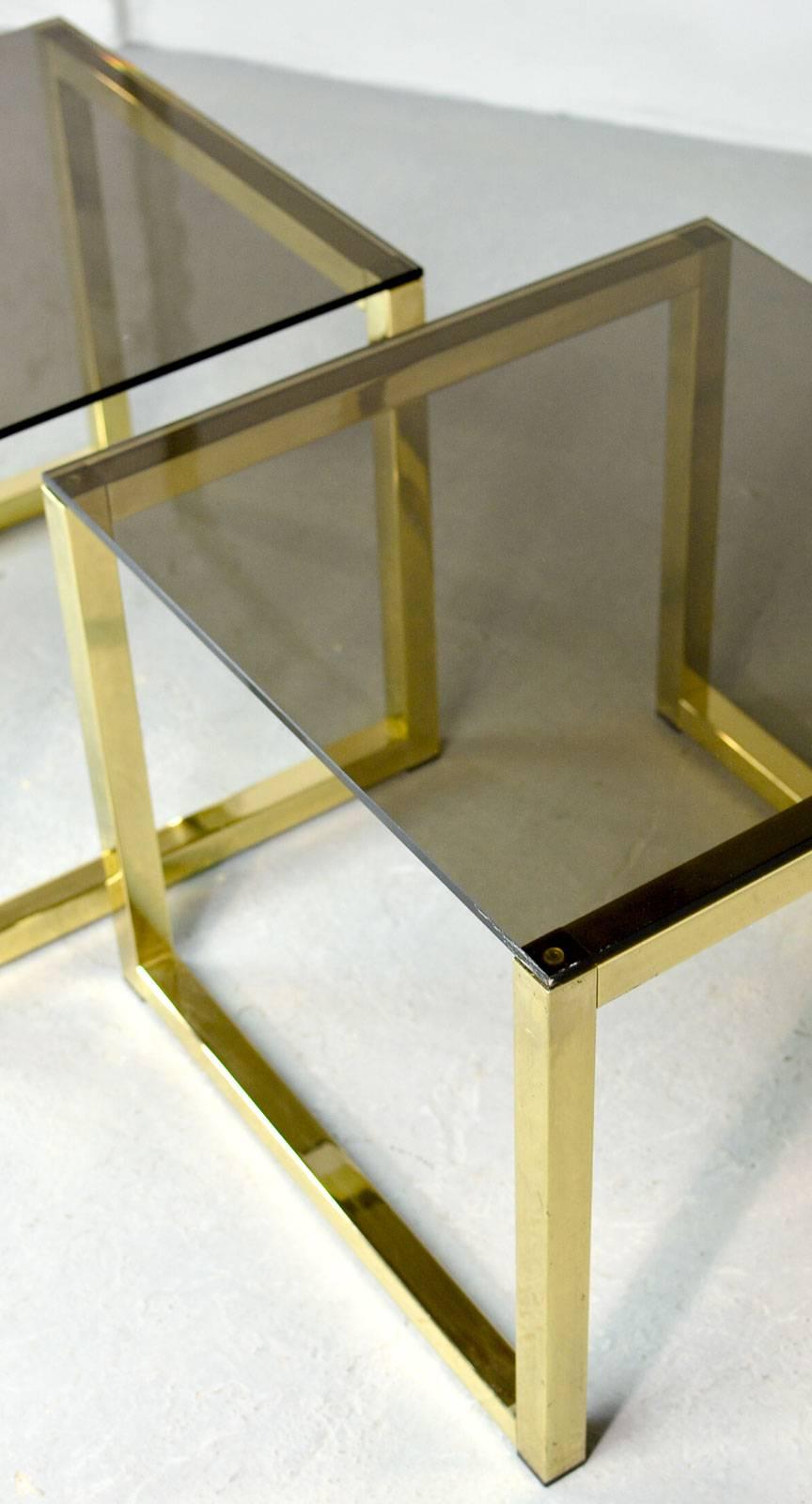 Pair of Mid-Century Hollywood Regency Cubic Side Tables with Smokey Glass Top 1