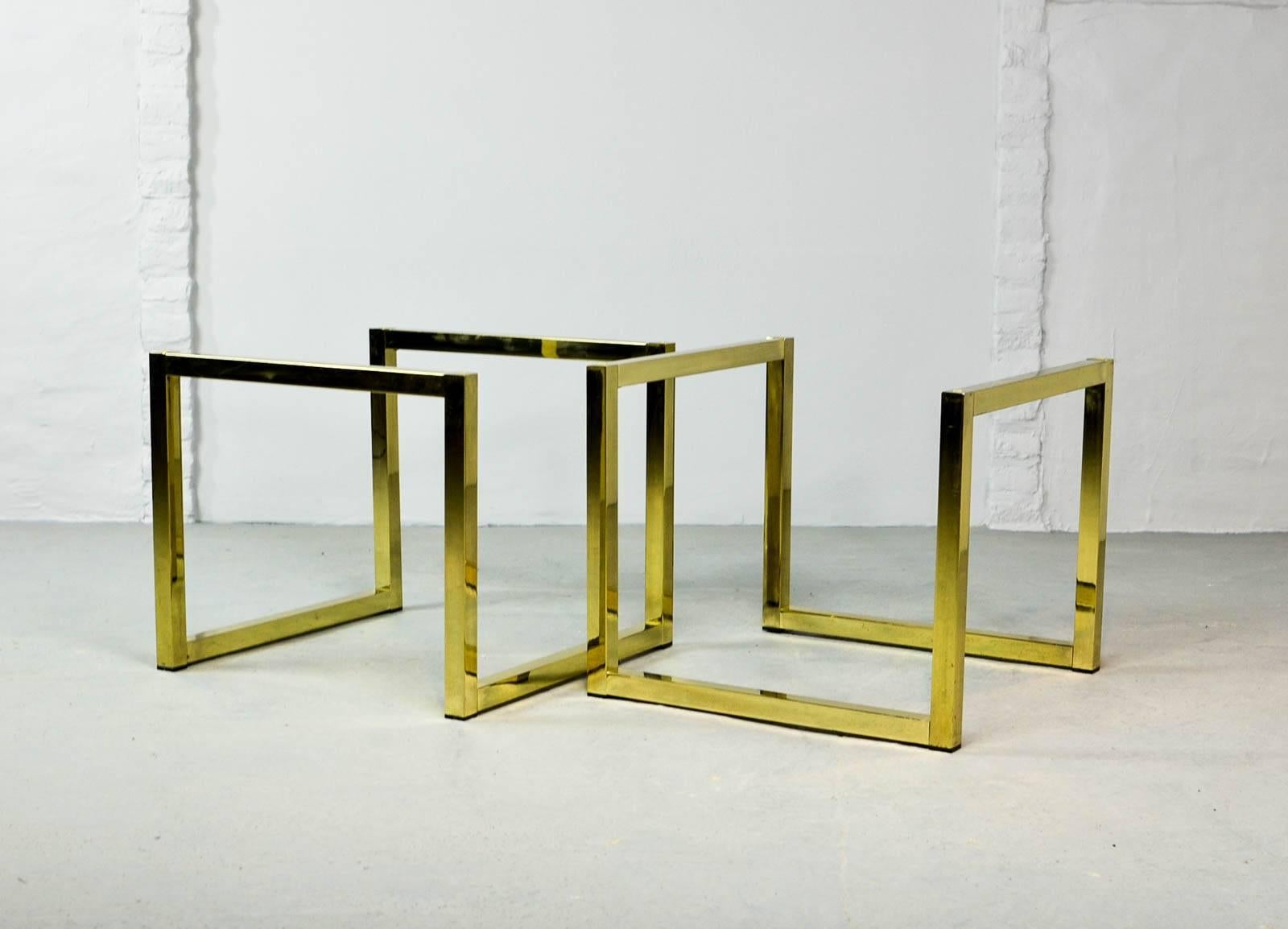 Pair of Mid-Century Hollywood Regency Cubic Side Tables with Smokey Glass Top In Good Condition In Maastricht, NL
