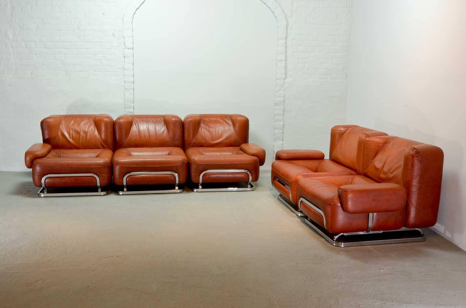Late 20th Century Chestnut Brown Leather Two-Seater Sofa in Style of Tobia Scarpa, 1970s For Sale
