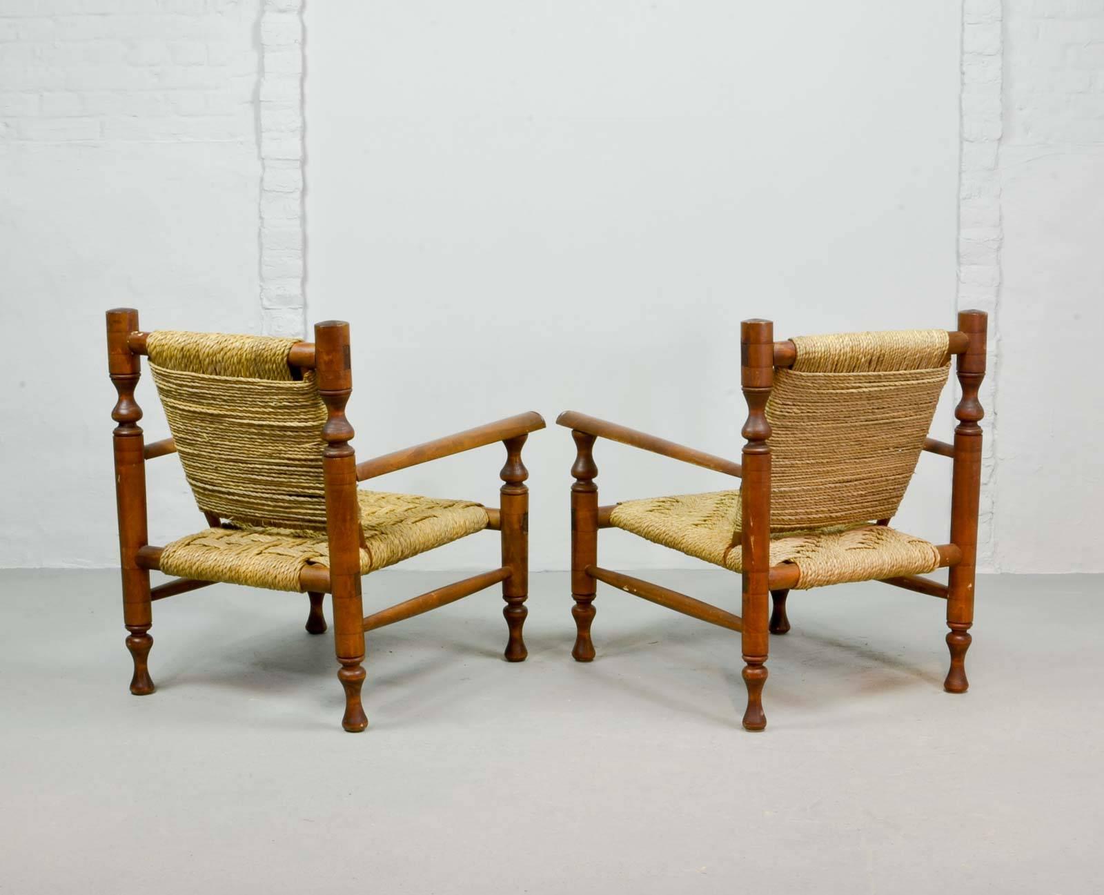 French Midcentury Pair of Easy Chairs in Style of Charlotte Perriand