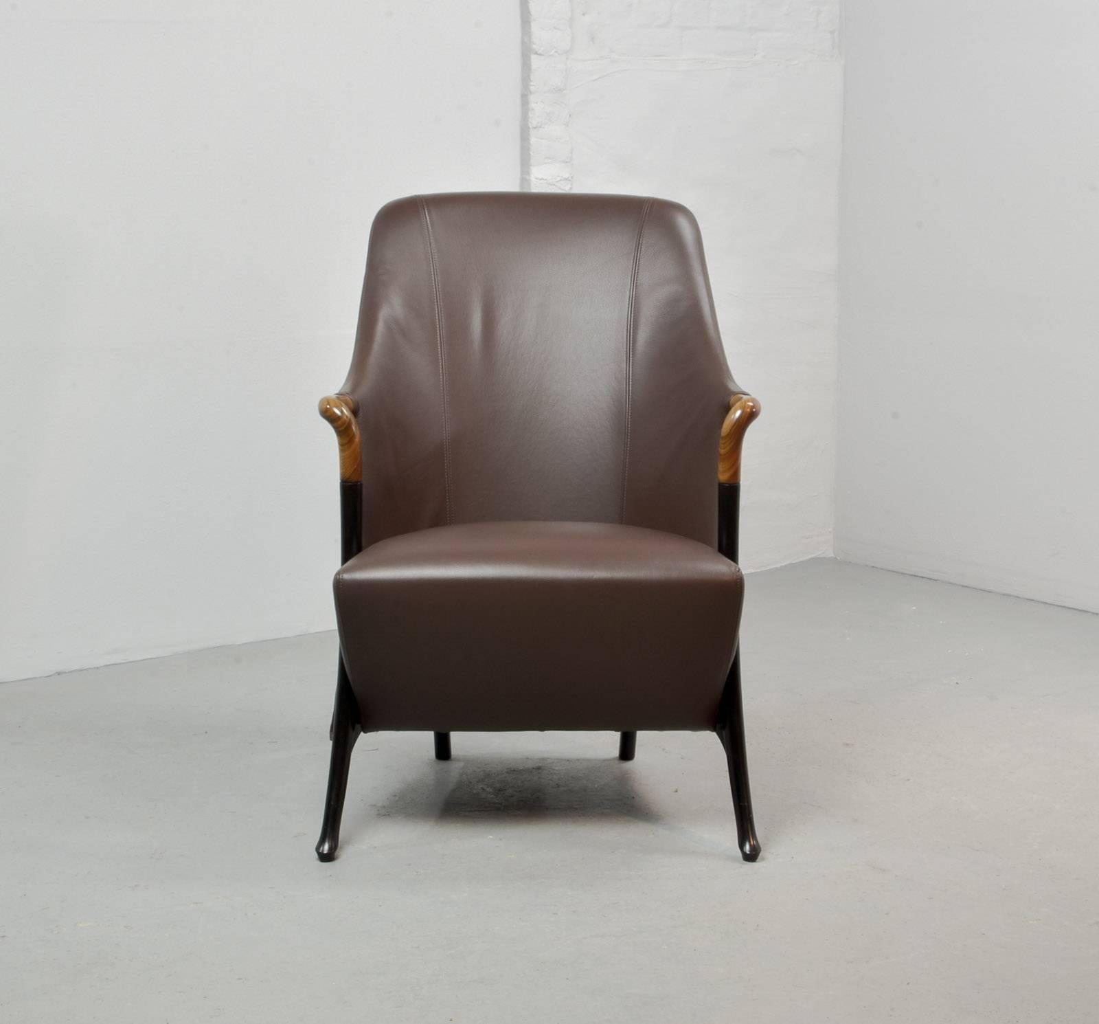 Lacquered Superb Midcentury Progetti Leather Lounge Chair by Giorgetti, 1980s