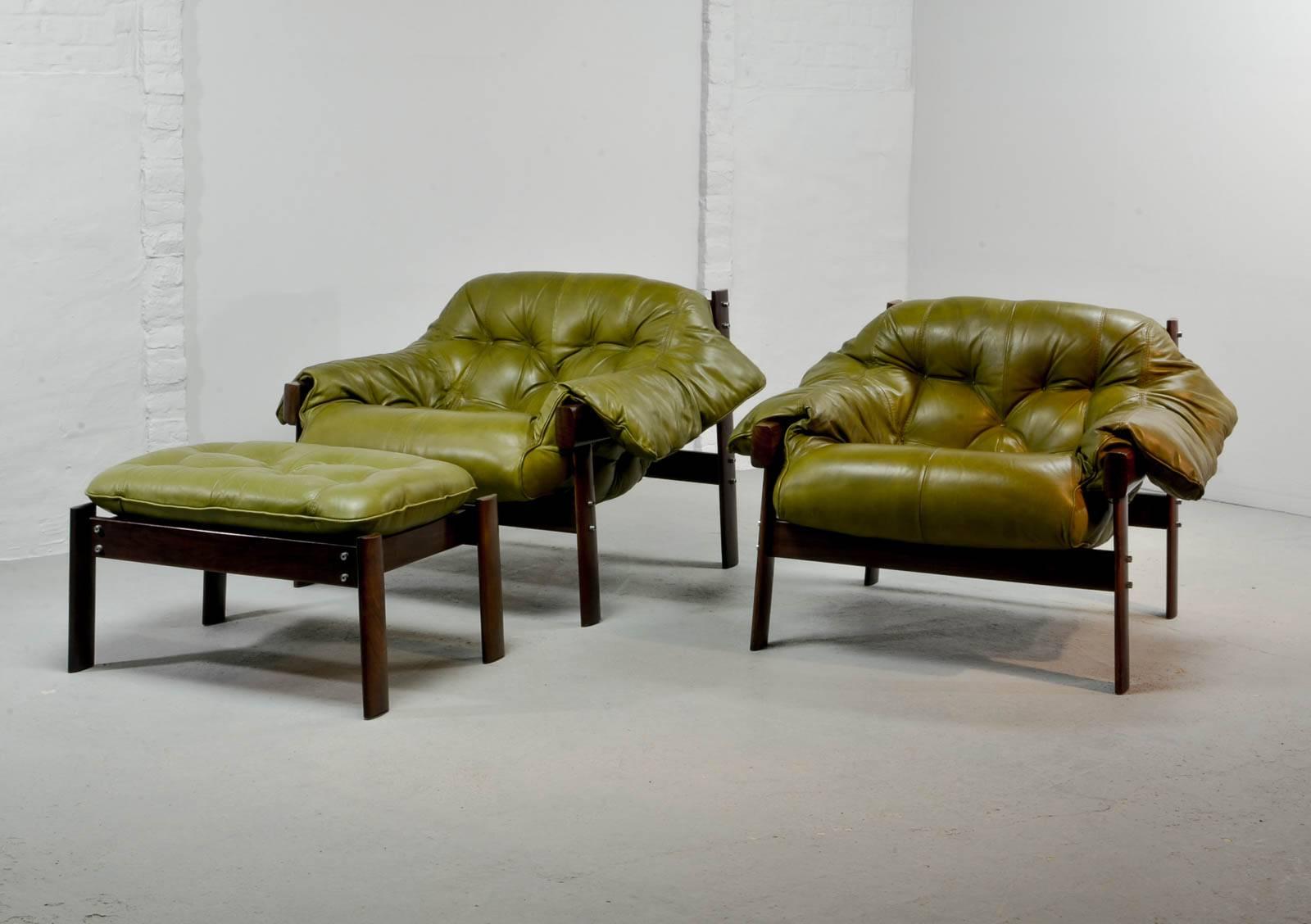 Beautiful Set of Olive Green Leather Lounge Chairs with Hocker by