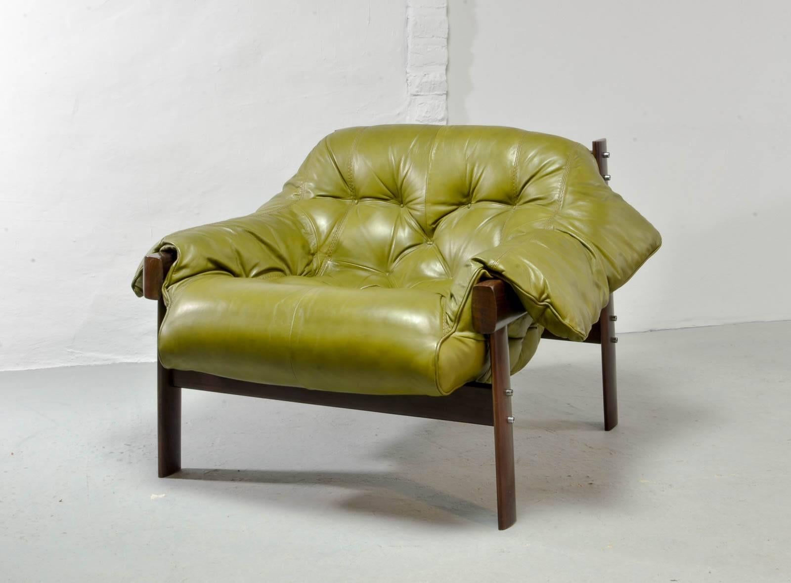 Beautiful Set of Olive Green Leather Lounge Chairs with Hocker by