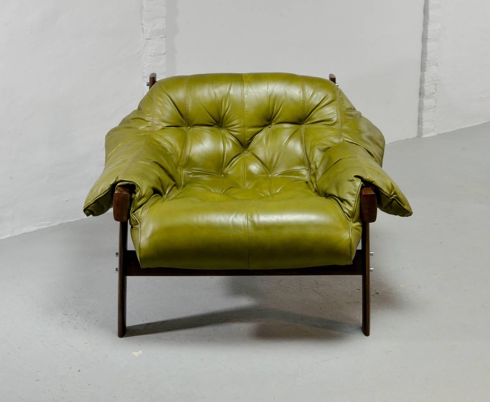 Beautiful Set of Olive Green Leather Lounge Chairs with Hocker by