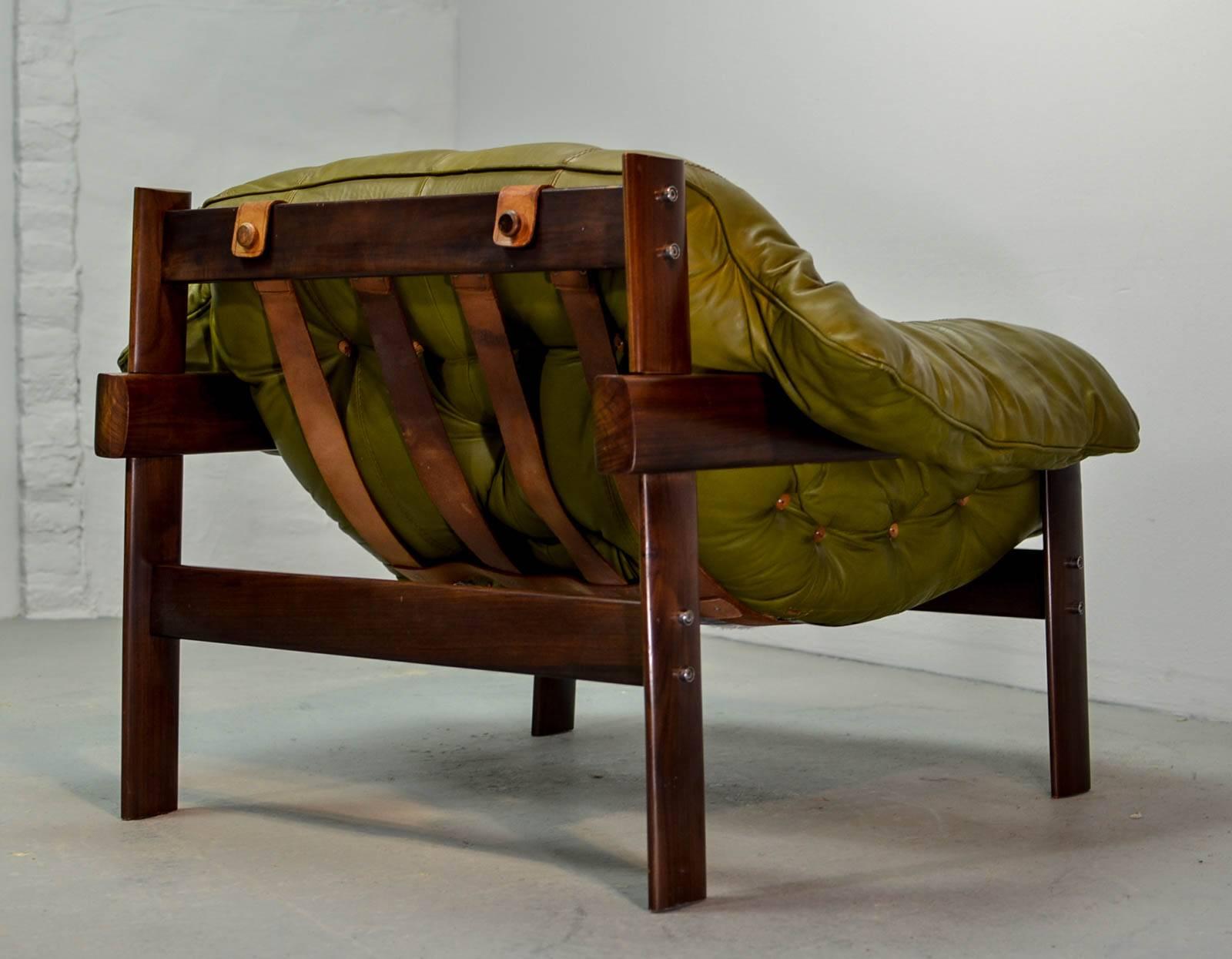 Beautiful Set of Olive Green Leather Lounge Chairs with Hocker by