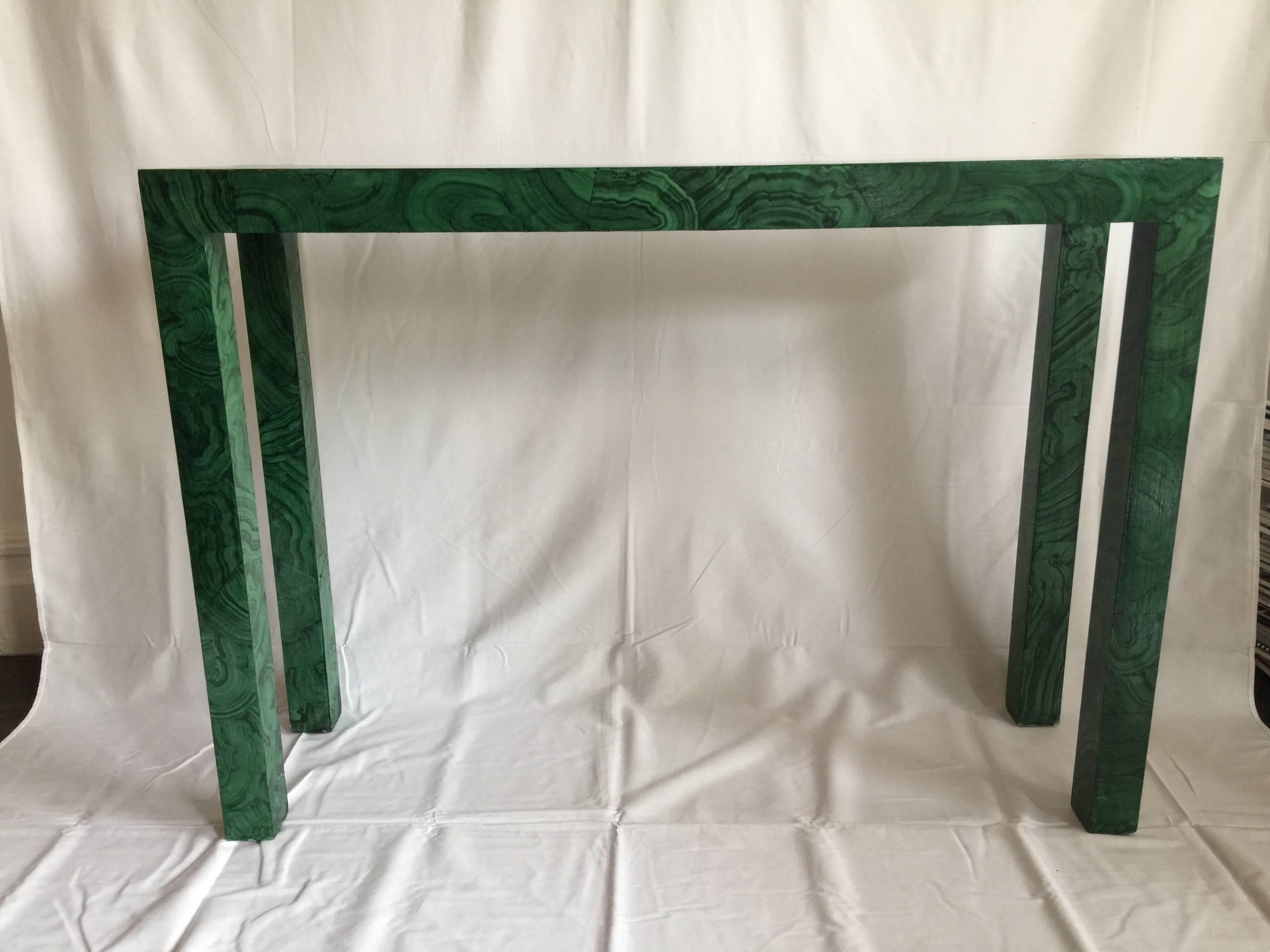 Custom faux malachite Parsons console table. Decorative painting by Katherine Jacobus in San Francisco. Would make a great statement in a foyer!