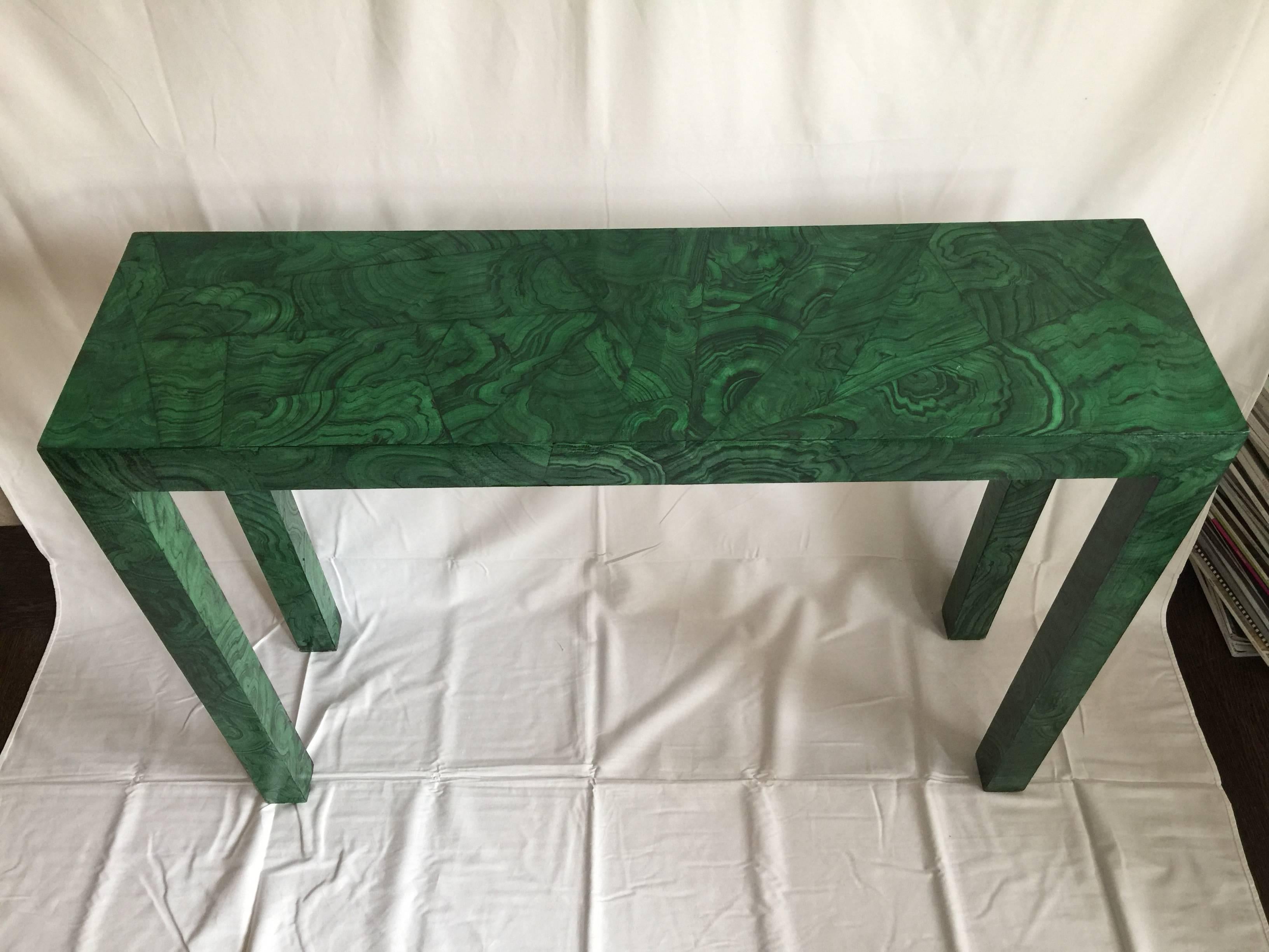 Faux Malachite Parsons Console Table In Good Condition In San Francisco, CA