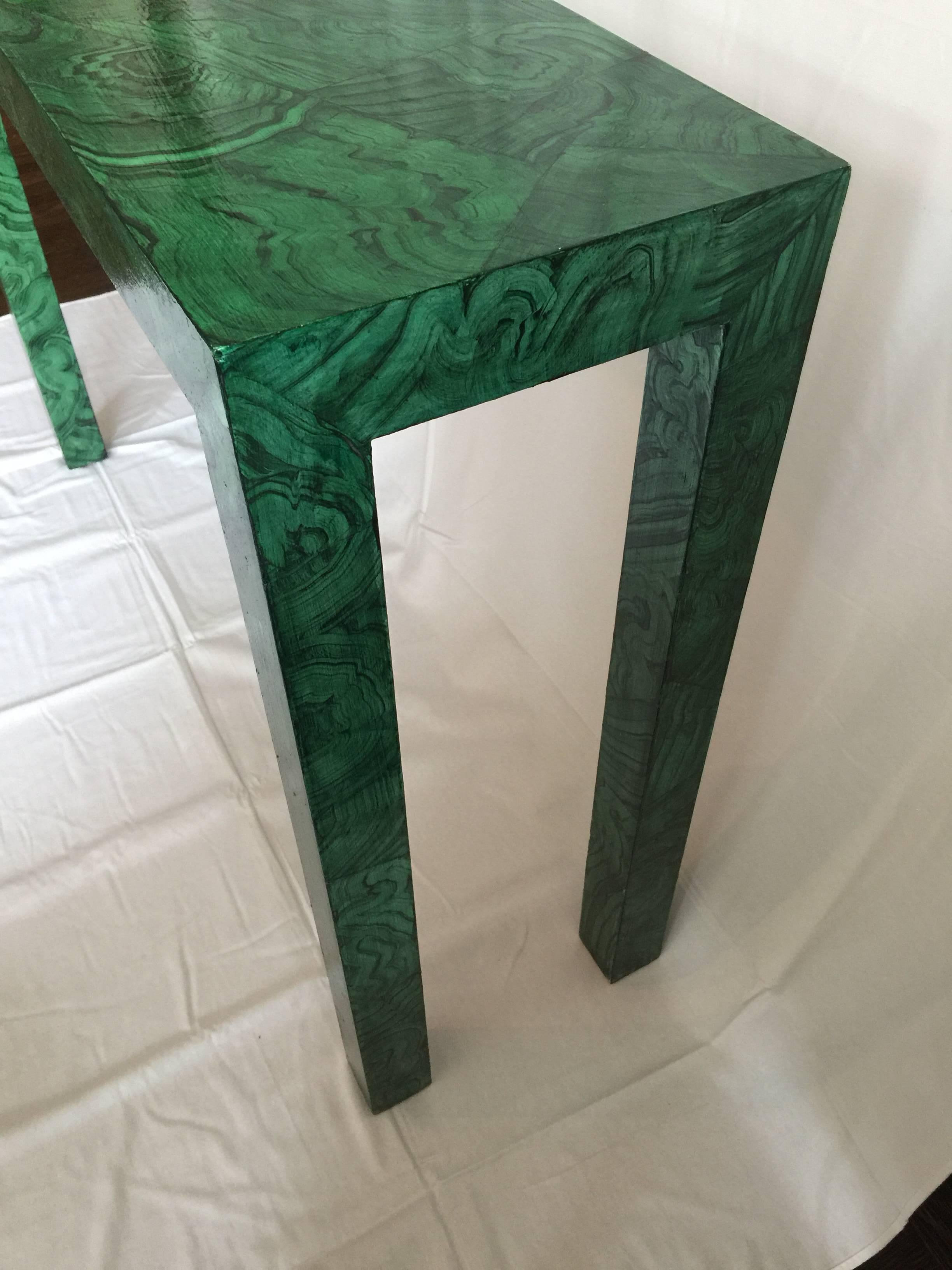 Hand-Painted Faux Malachite Parsons Console Table