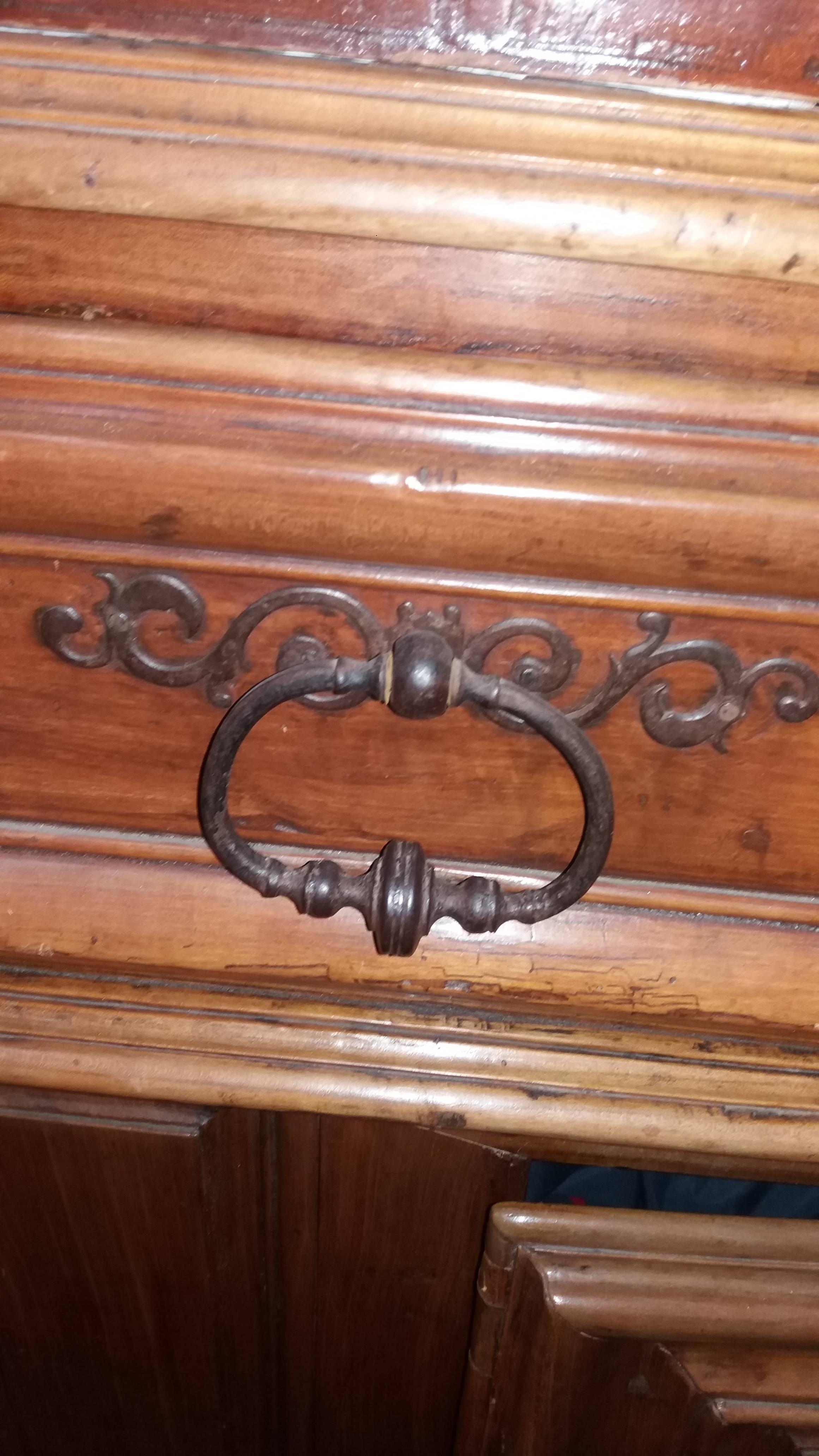 19th Century Baroque Carved Cherry Italian Cabinet with Wrought Iron Handles In Good Condition For Sale In Wyboston Lakes, GB