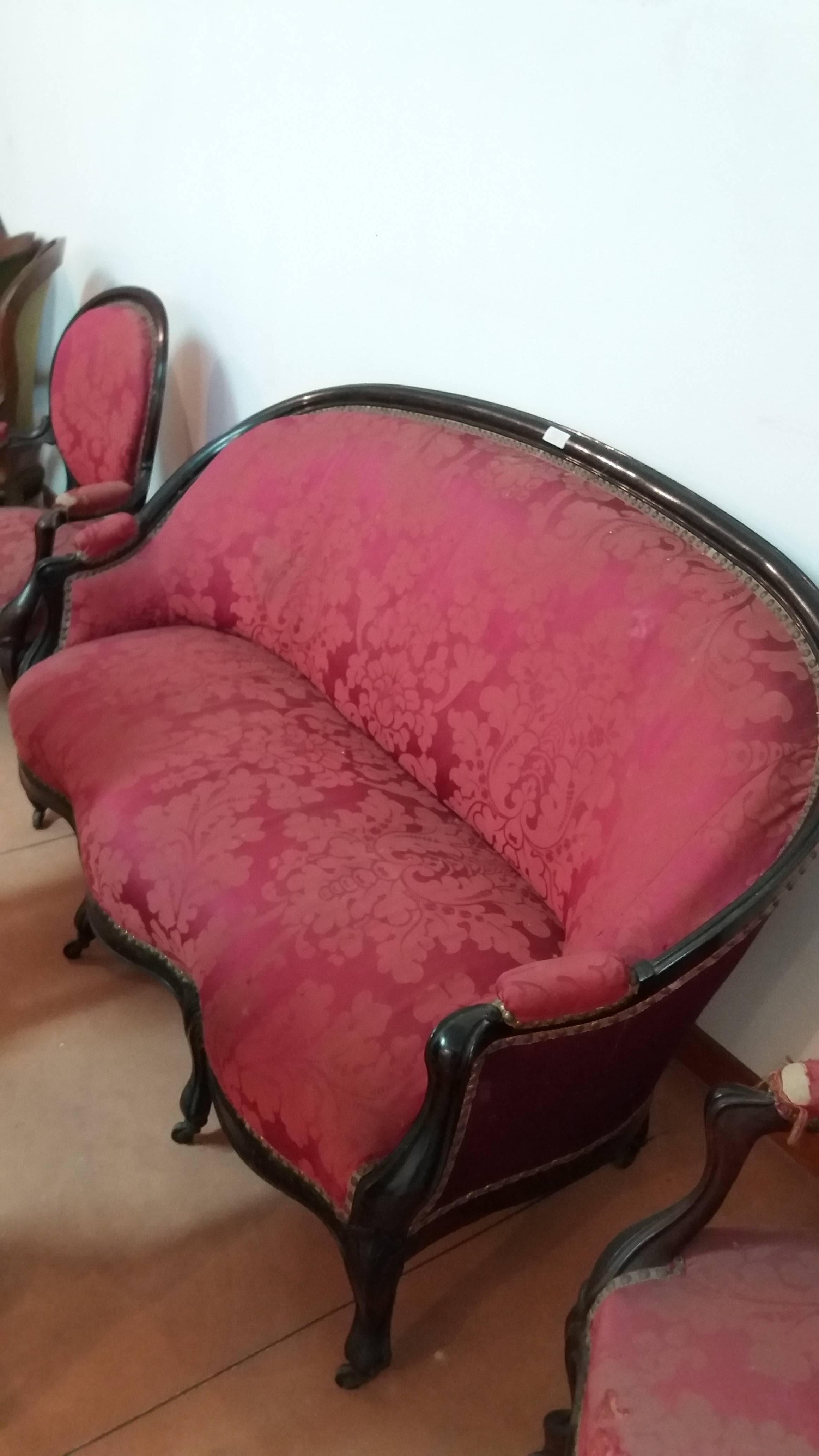 19th century French palissander set of two armchairs six chairs one sofa
It has to be restore
The restauration takes one months
We have available many set of sofa armchairs and chairs

Measurements: Chair: Depth 50cm, width 50 cm, high 90 cm.
