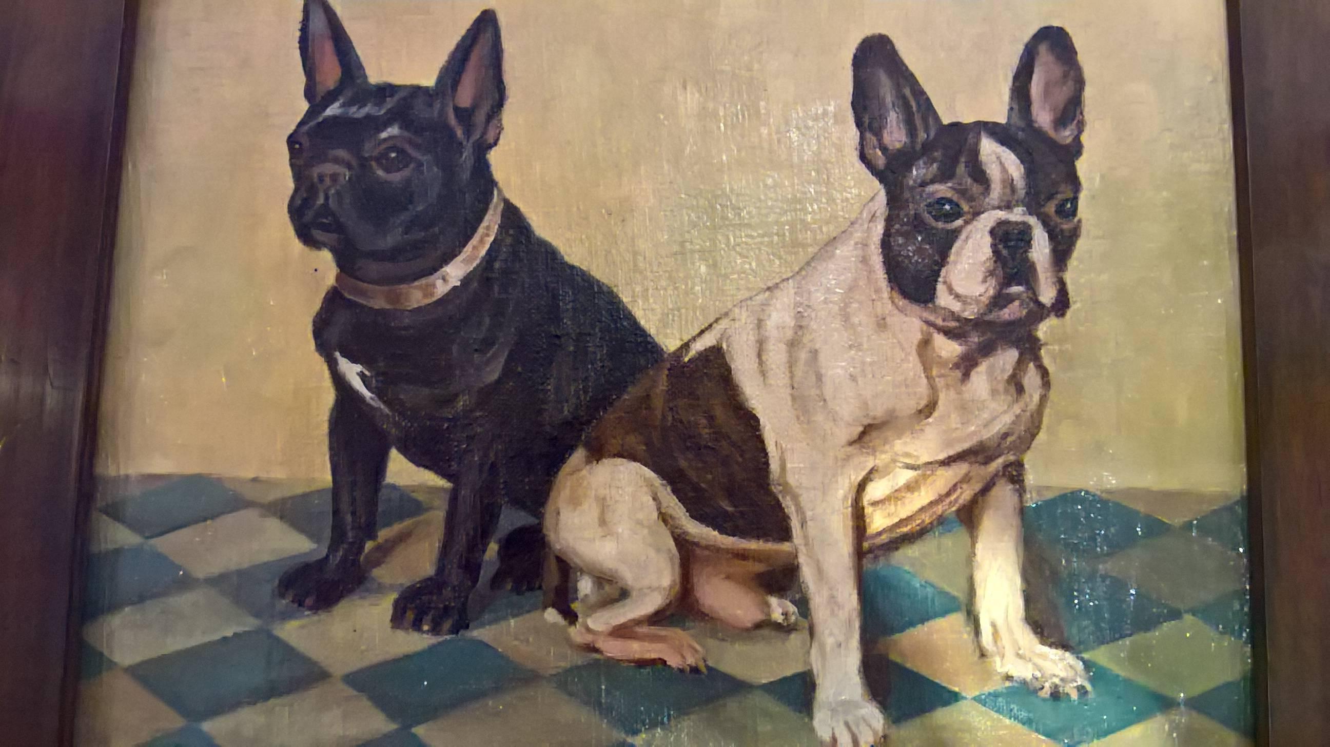 Art Nouveau Mid Century Painting French Bulldogs Portrait Oil On Canvas