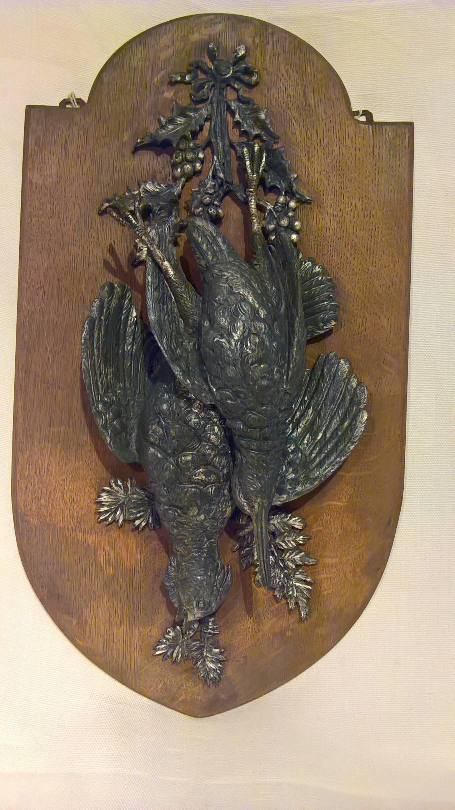 19th Century Black Forest Pair of Wood Plaques With Birds in Cast Iron Germany 3