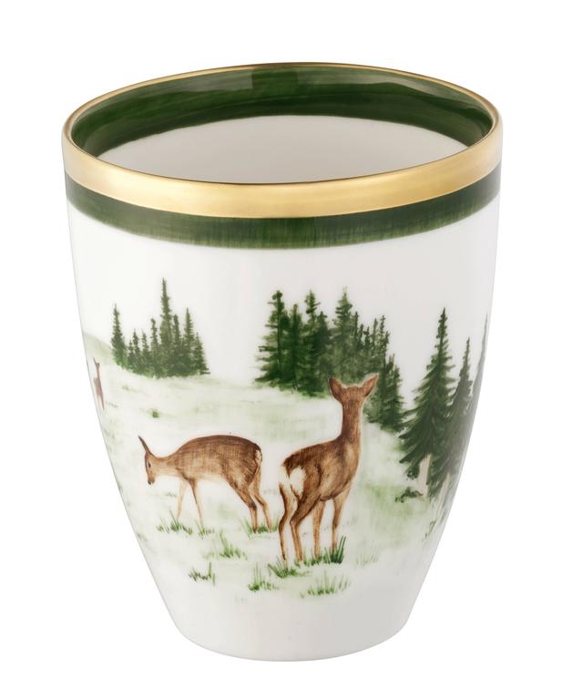 
Hand-painted porcelain vase is completely handmade and handpainted in Bavaria Germany. Rimmed with a 24-carat gold line. The decor is hands-free painted  all round  with a hunting scene. The black forest decor shows a naturalistic scene with deers