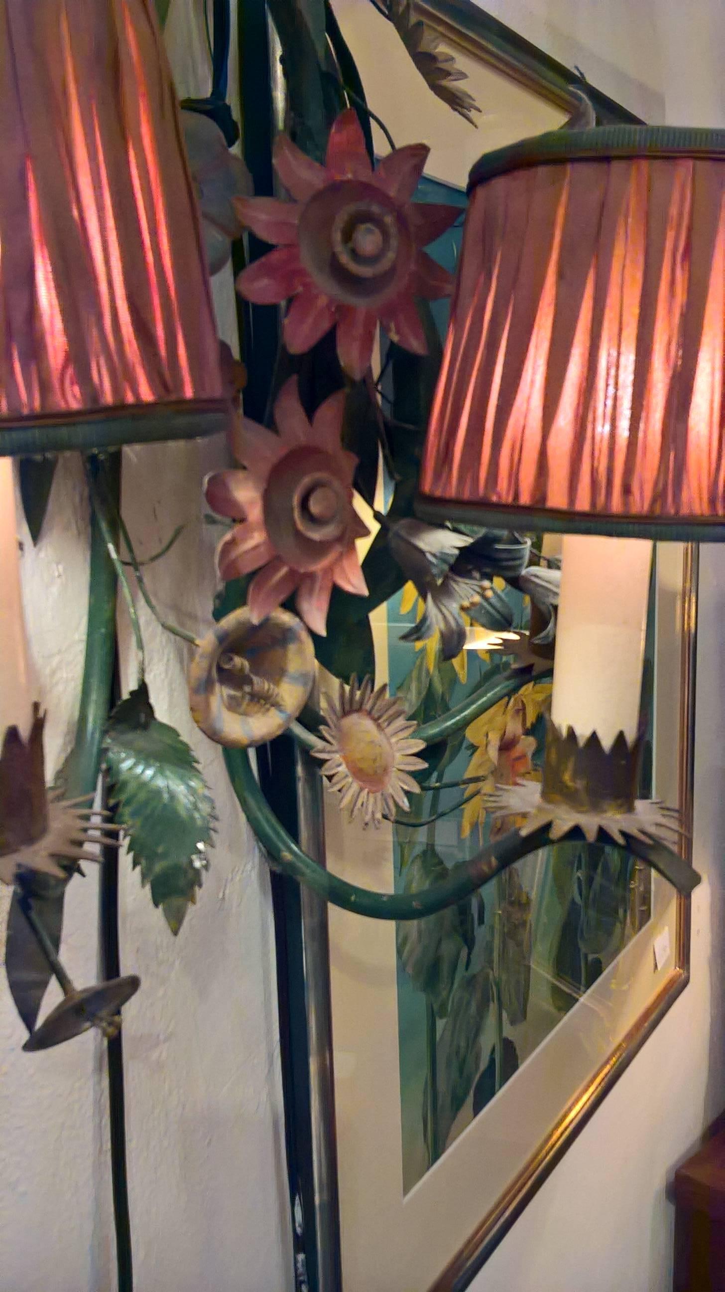 Country 19th Century French Pair of Wall Lamps with Metal Bouquets and Silk Shades