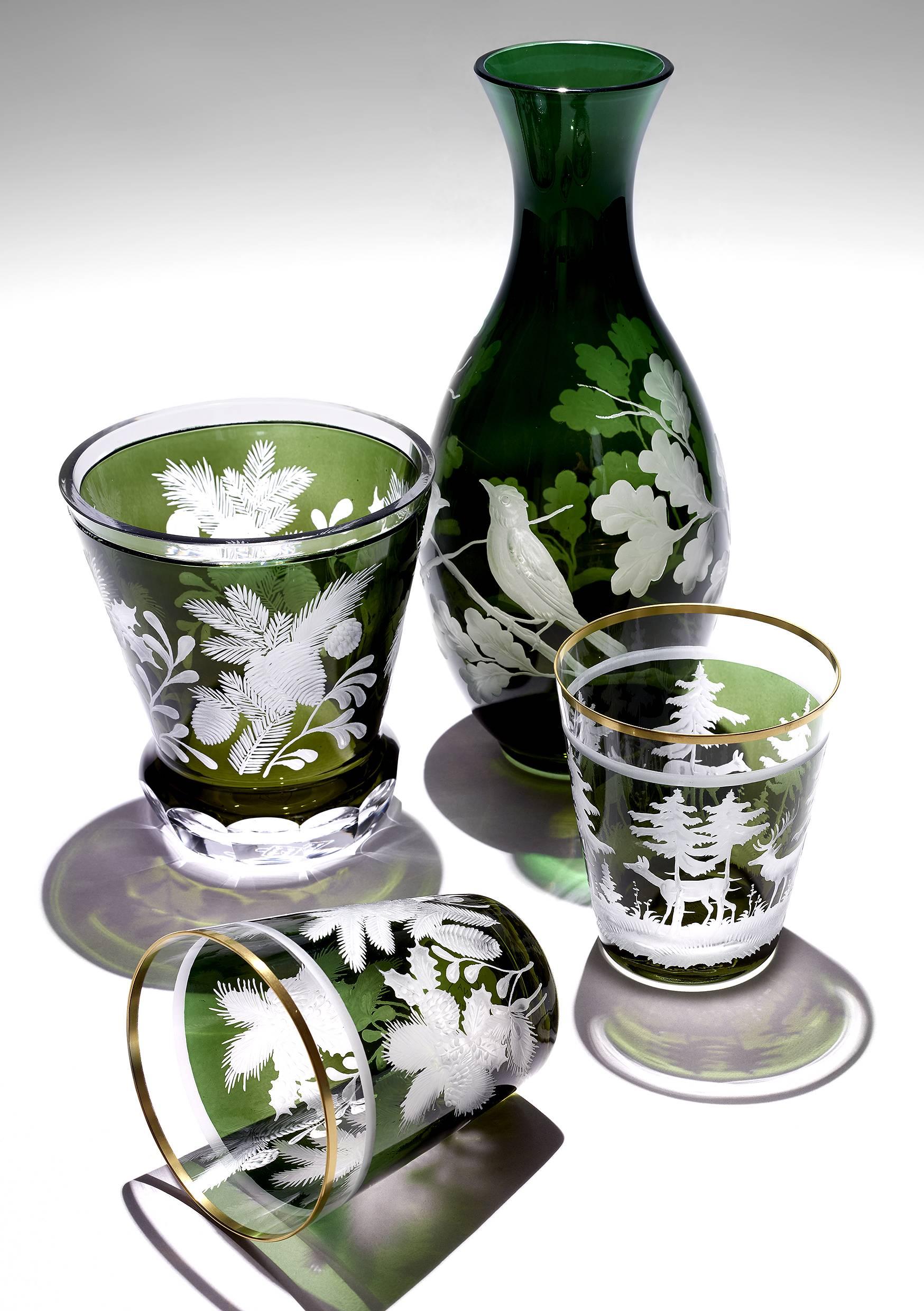 Black Forest Crystal Laterne in Green Glass with Hunting Scene Sofina Boutique Kitzbuehel