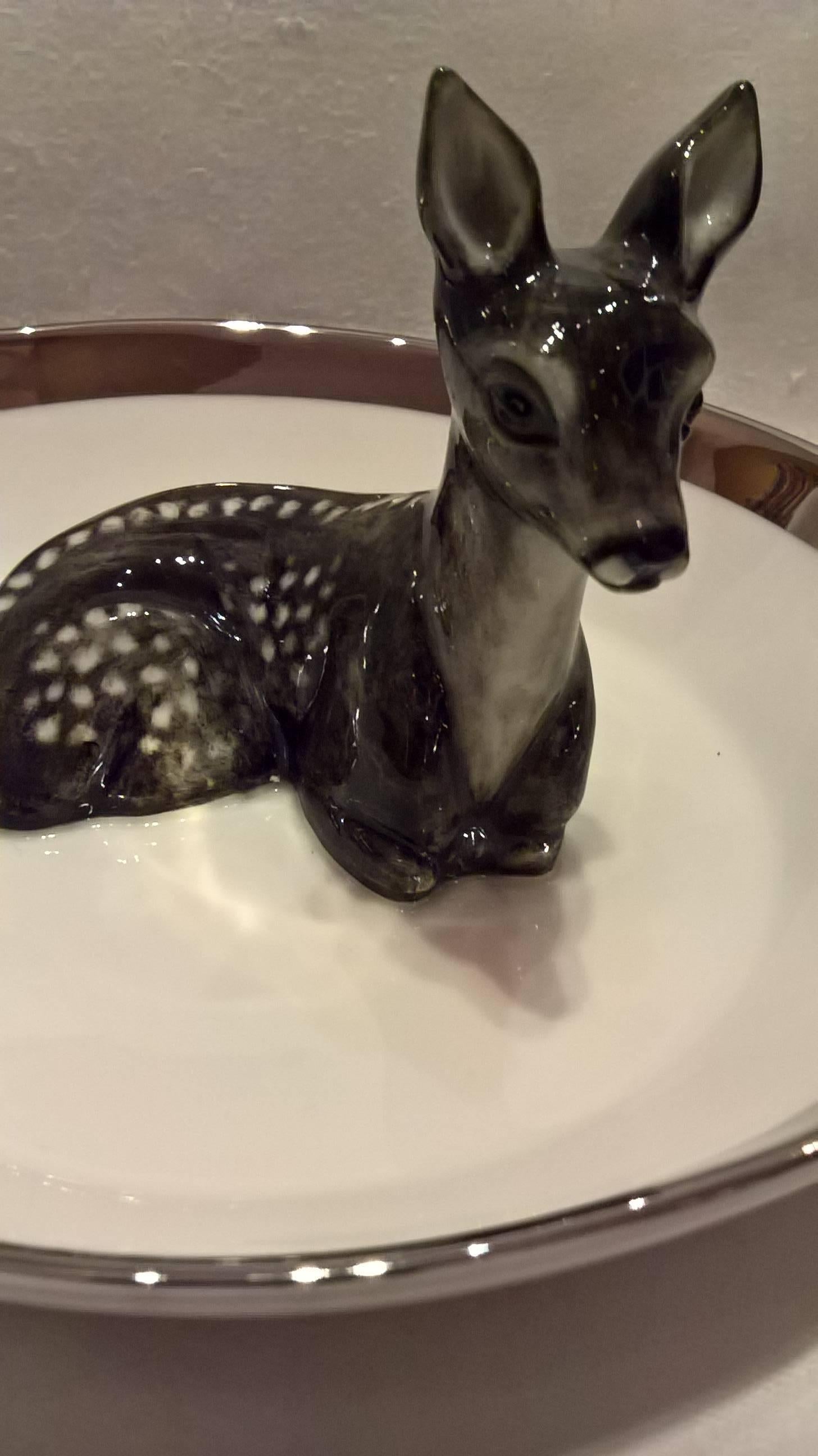 Black Forest German Porcelain Bowl with Deer Figure and Garlande For Sale 1