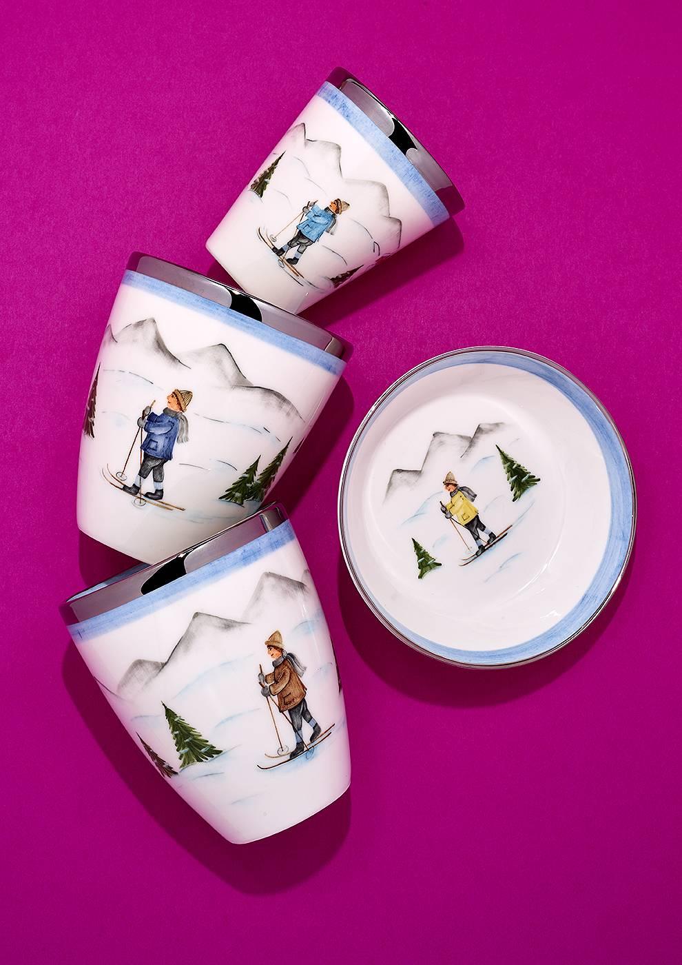 German Country Style Set of Three Porcelain Dishes with Skier Decor Sofina Boutique For Sale