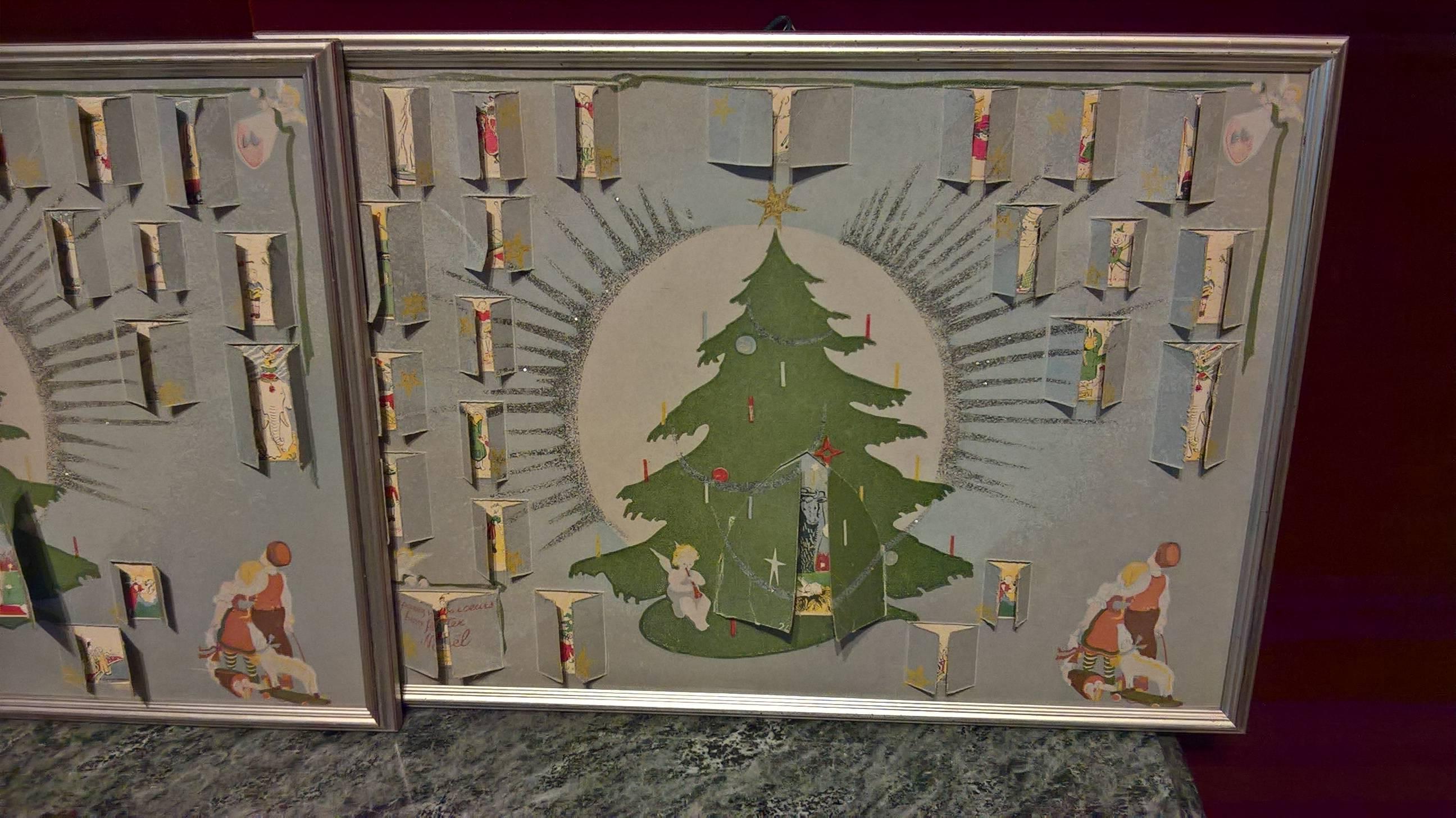 Two rare French christmas calendars with beautiful christmas details behind the windows.
One big window in the middle of the tree and 23 smaller windows. Silver glitter around the tree. Framed in a small silver coloured wooden frame for hanging.