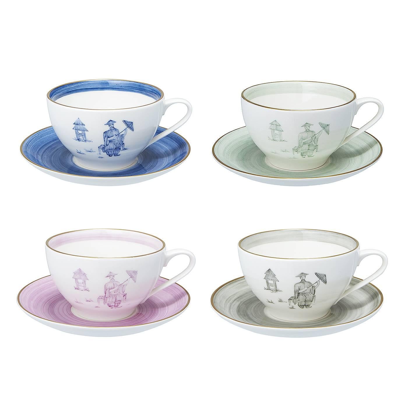 Chinoiserie Set of four Cups German Hand-Painted Sofina Boutique Kitzbuehel For Sale