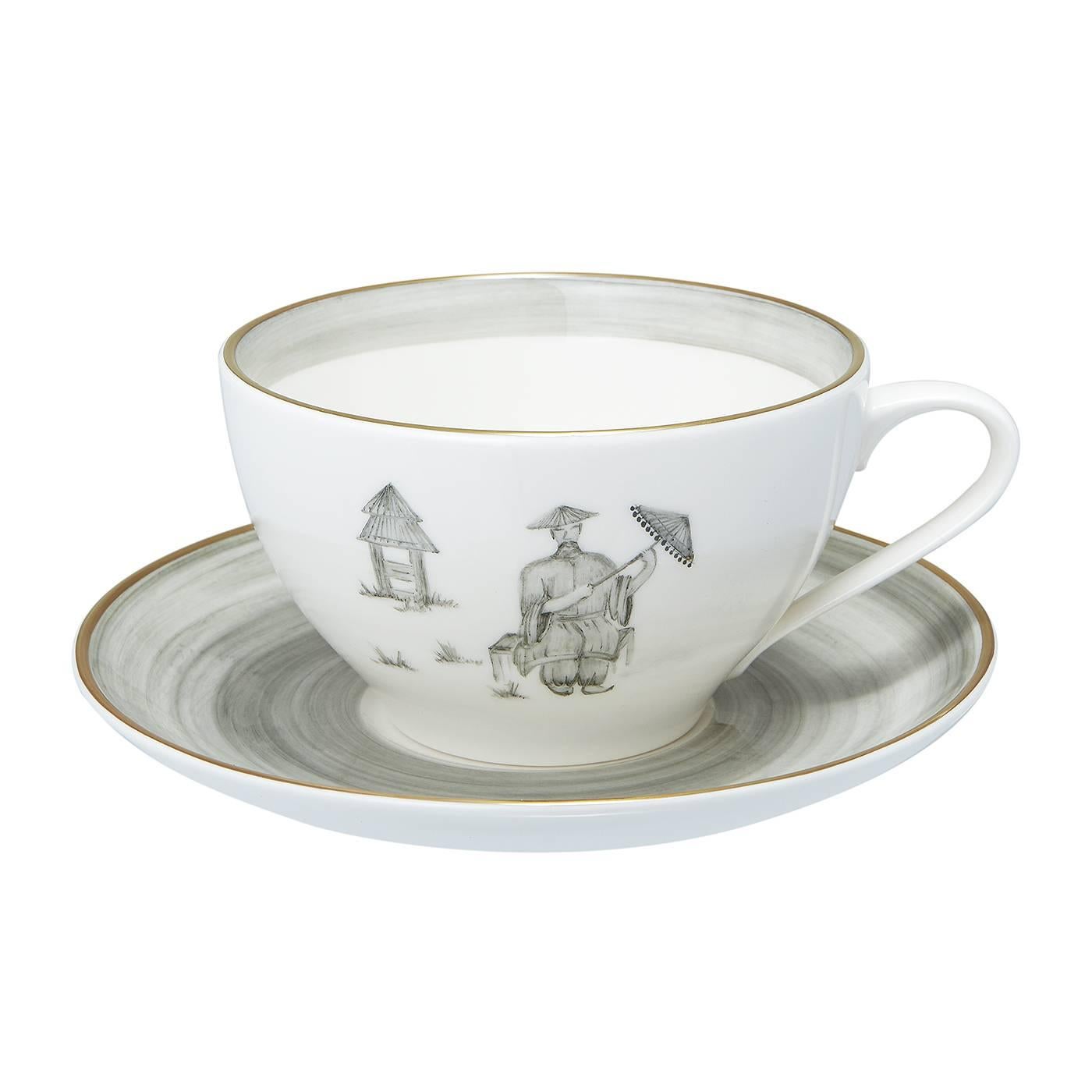 Porcelain Chinoiserie Set of four Cups German Hand-Painted Sofina Boutique Kitzbuehel For Sale