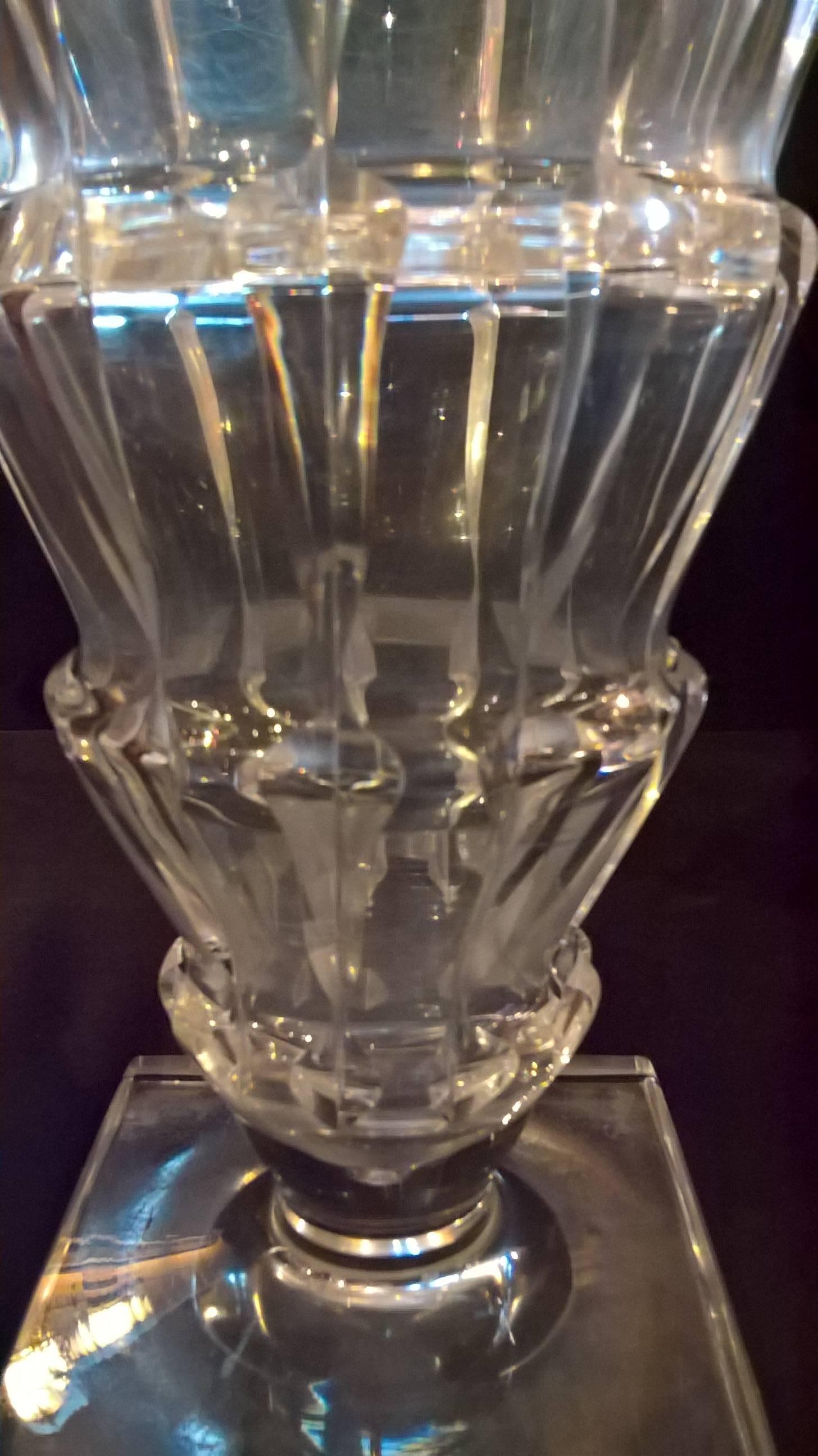 Large French Art Deco crystal vase with stepped flared form cut with rectangular facets. Stands on a square base. Designed by Jean Sala (1895-1976) for St. Louis, France. Signed in the base by the designer and hallmark St. Louis.