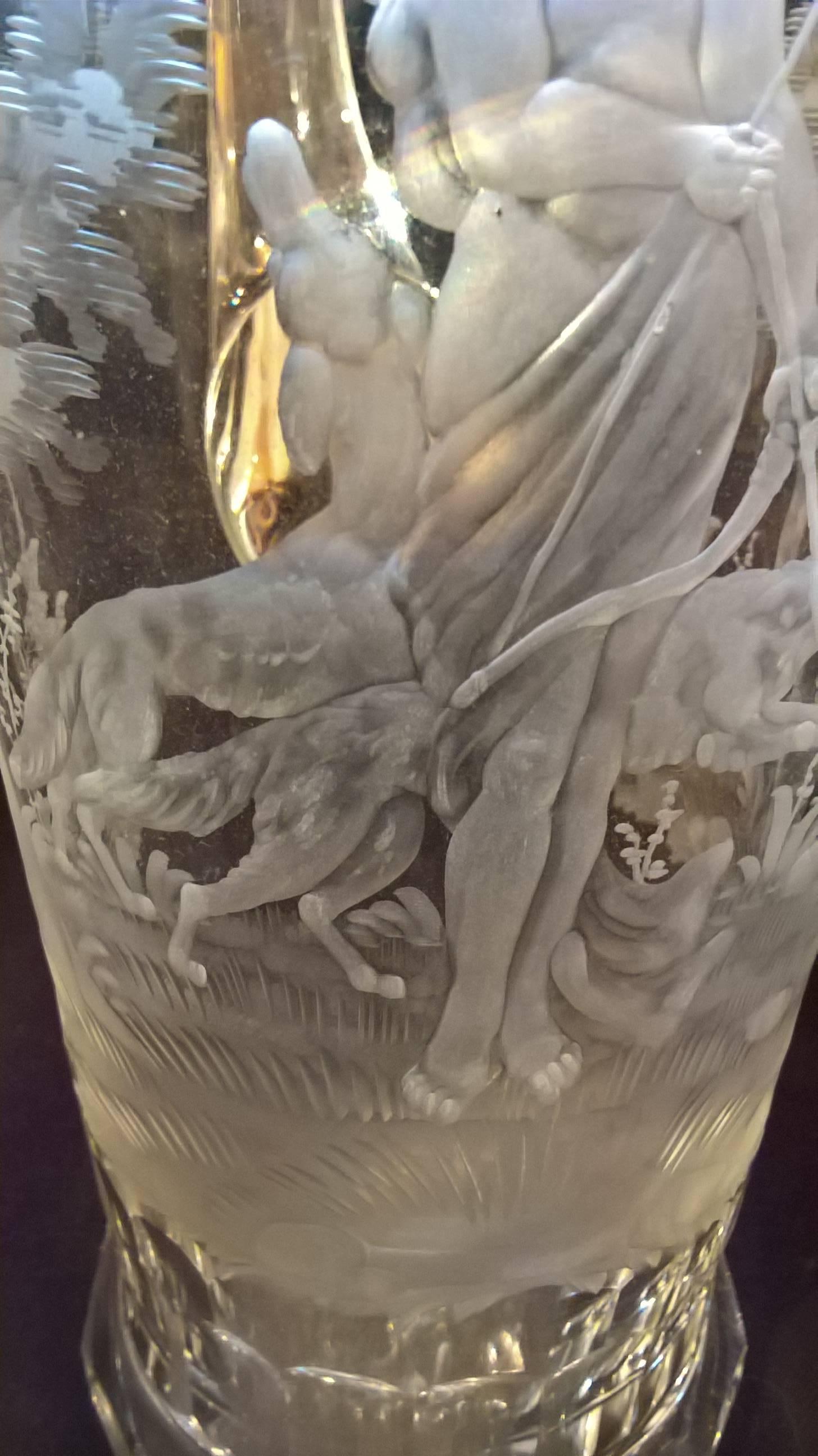 Moser Art Deco Glass Pitcher Hand-Engraved with Diana and Wolfs in Clear Crystal 2