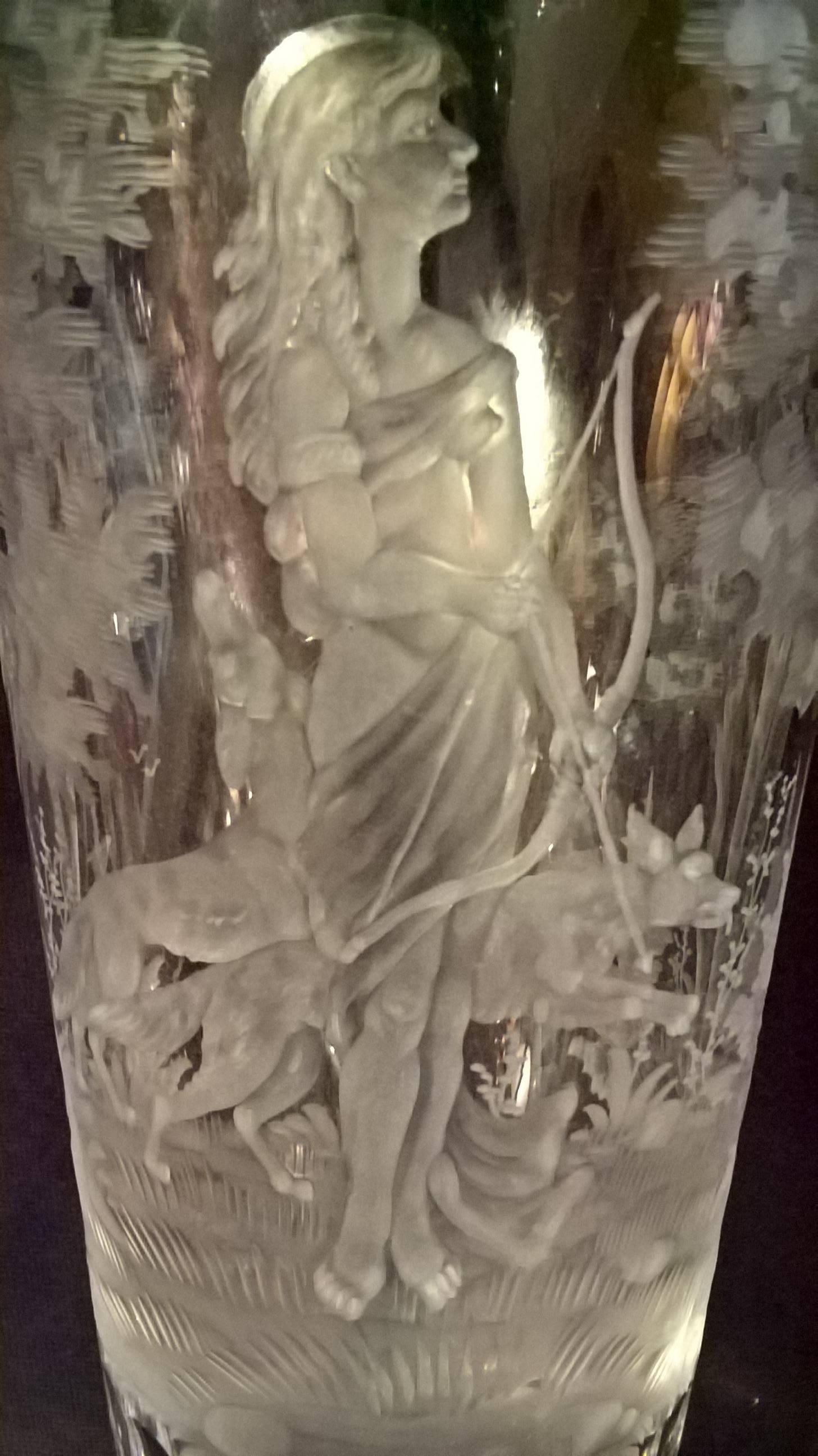 Moser Art Deco Glass Pitcher Hand-Engraved with Diana and Wolfs in Clear Crystal 1