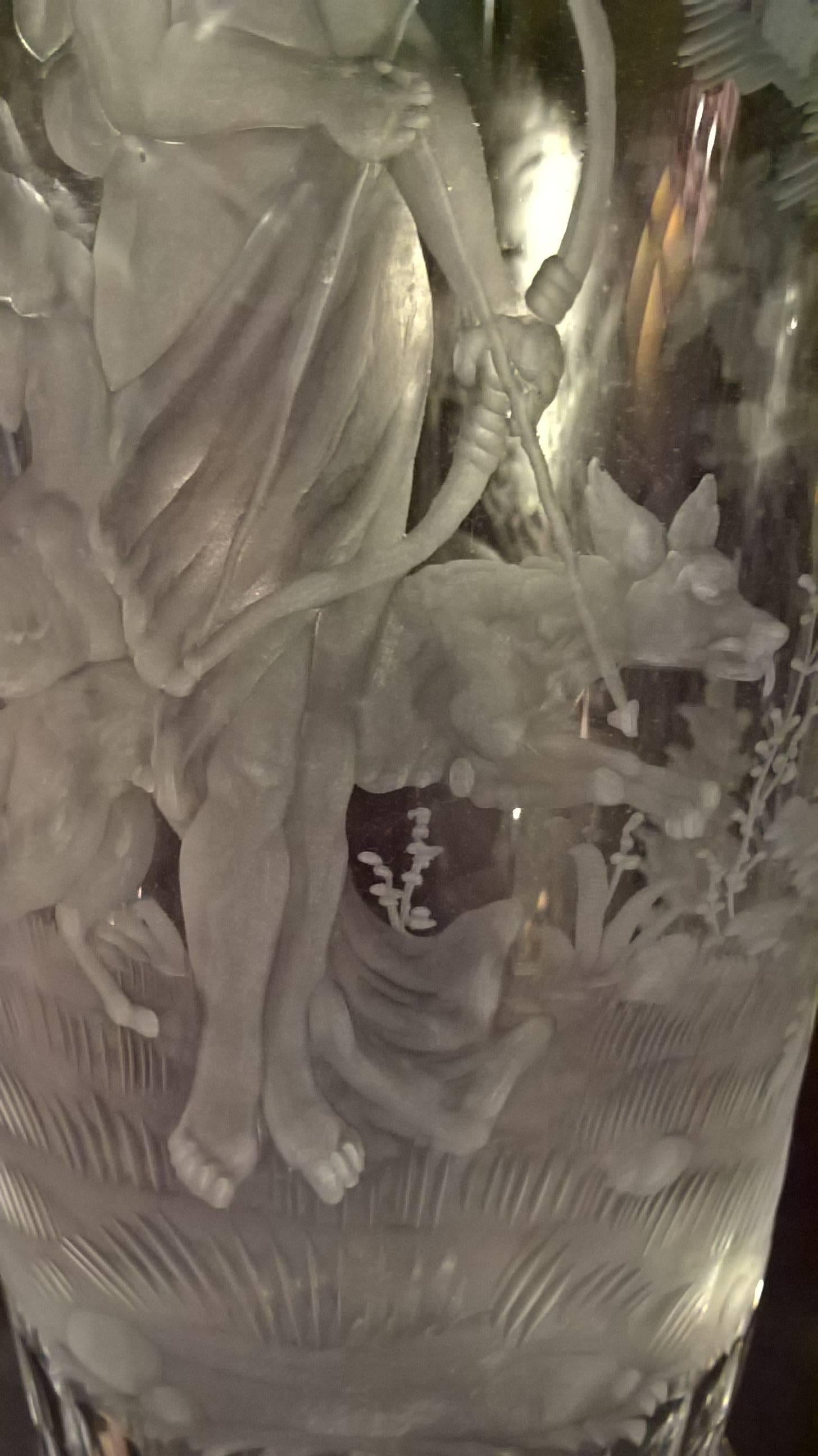 20th Century Moser Art Deco Glass Pitcher Hand-Engraved with Diana and Wolfs in Clear Crystal