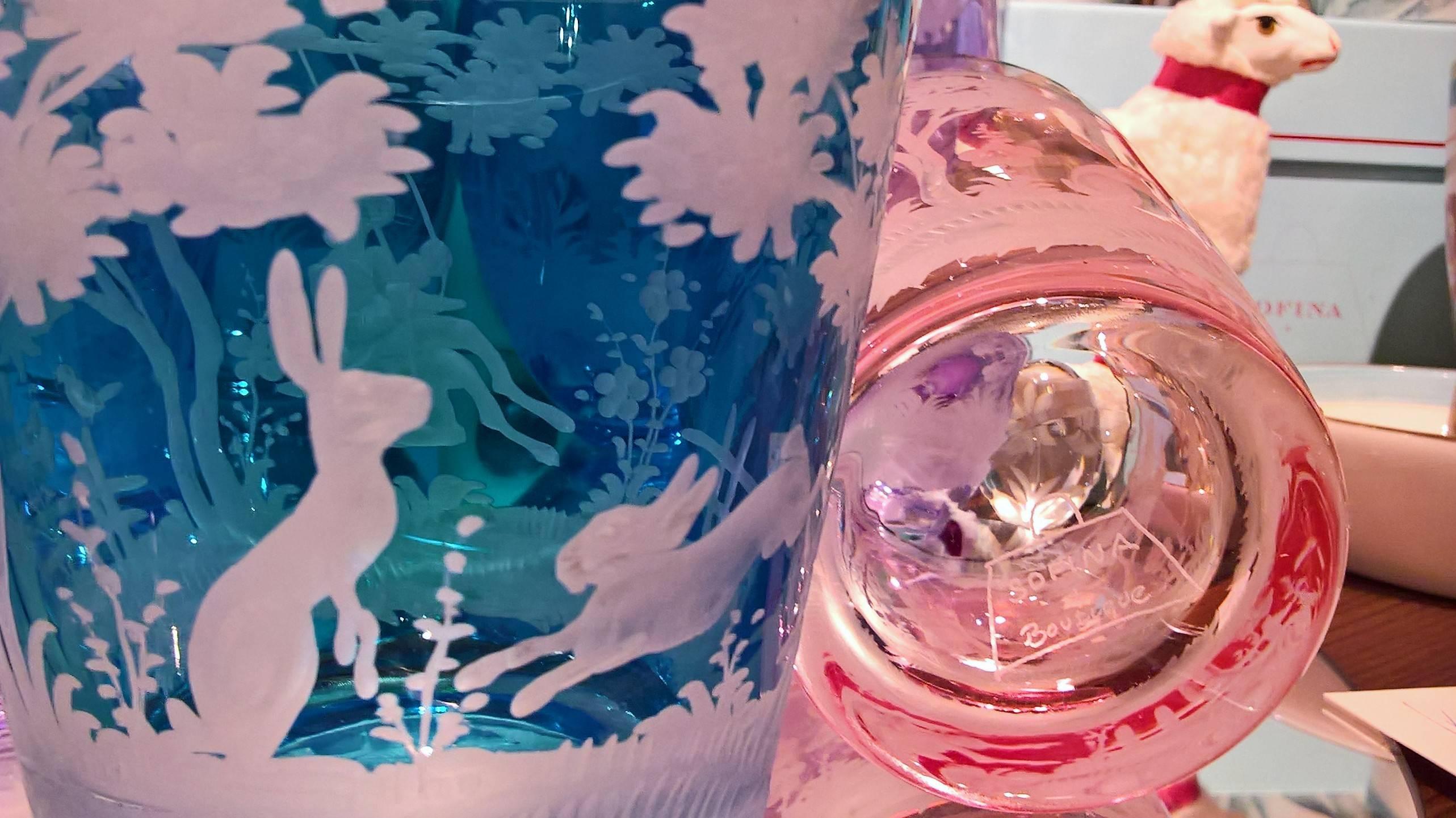 German Country Crystal Vase with Easter Rabbit Decor in Blue Sofina Boutique Kitzbuehel For Sale