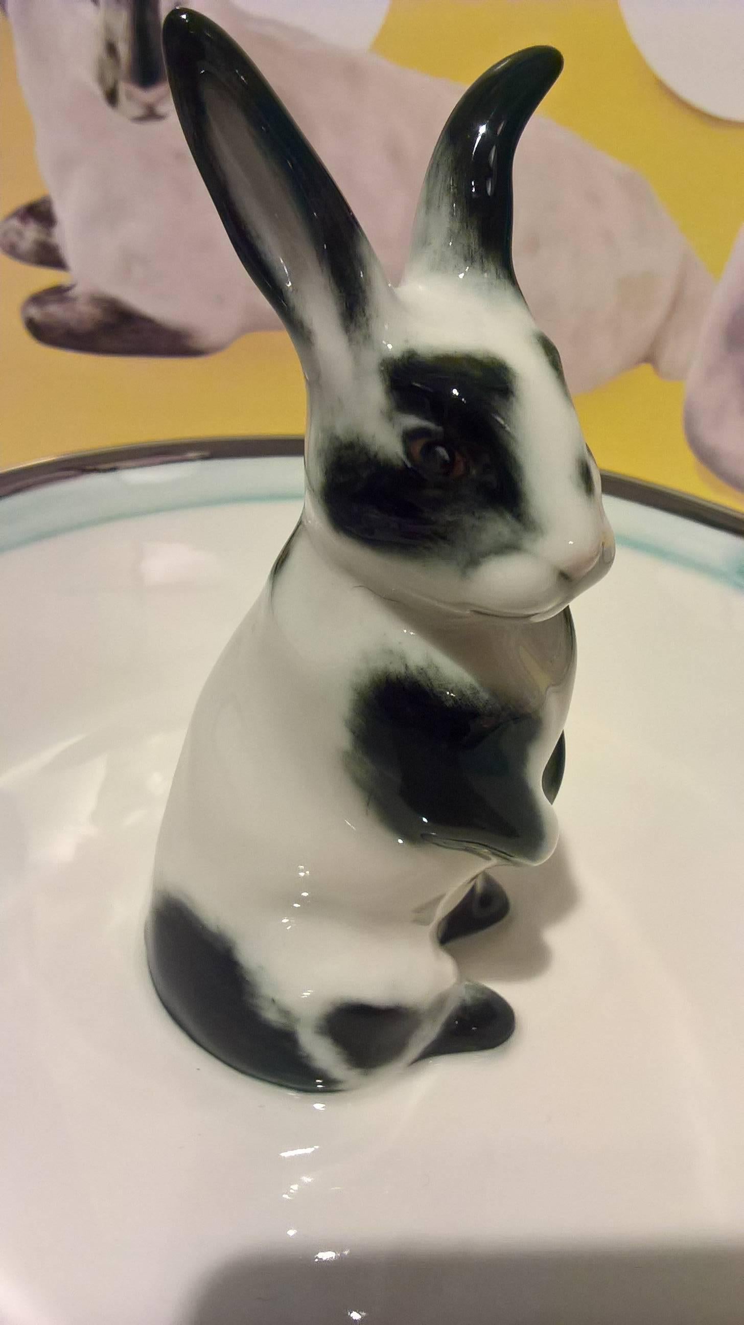 Charmant plat en porcelaine entièrement réalisé à la main avec un rabbit peint à main levée dans un décor traditionnel de Pâques. Le lapin est peint dans un décor noir et blanc assis au milieu du bol. Le plat est encadré d'une ligne bleu pâle et