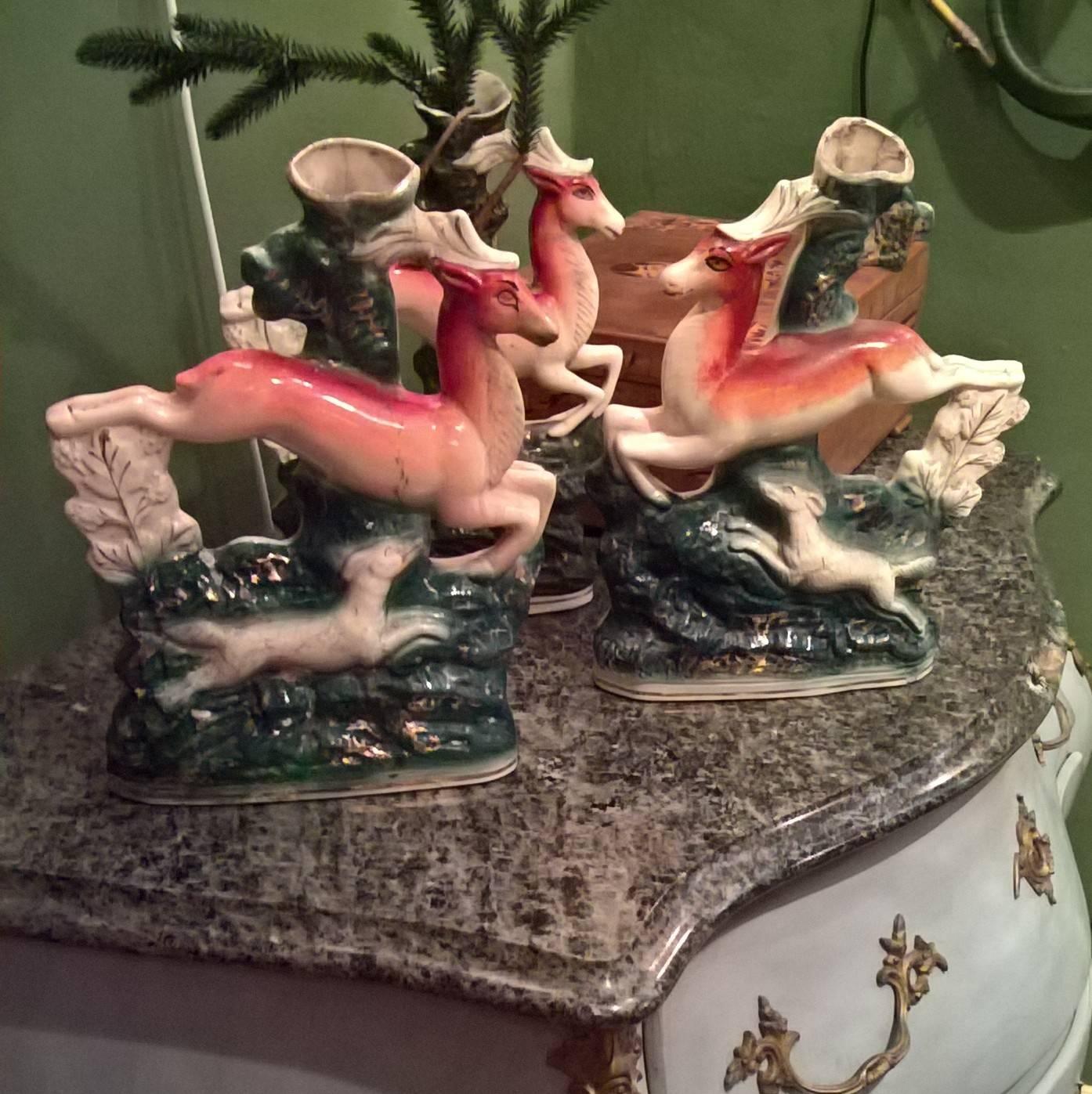 19th Century English Staffordshire Pottery Vases Deers and Dogs 5