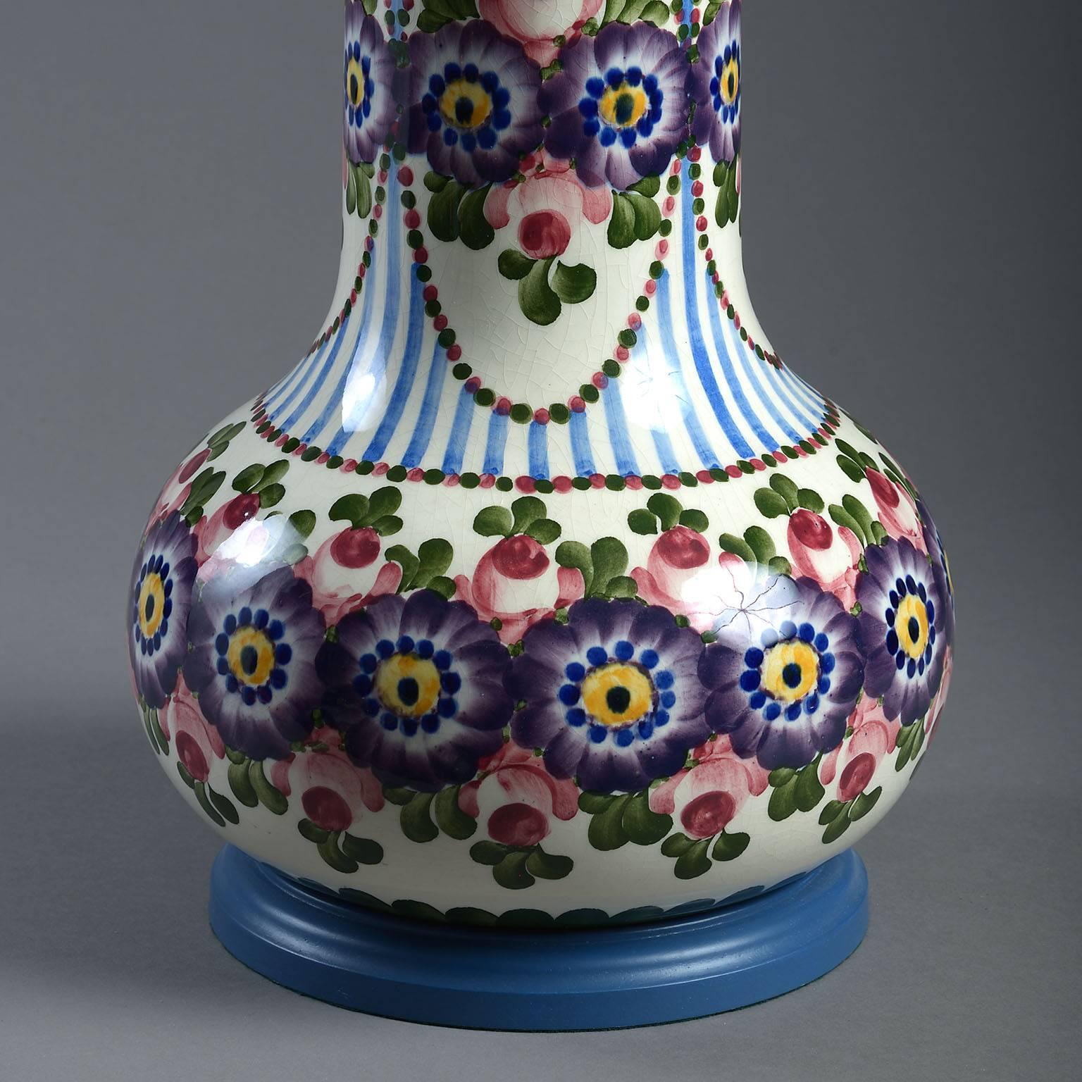 European Early 20th Century, Floral and Striped Vase Lamp For Sale