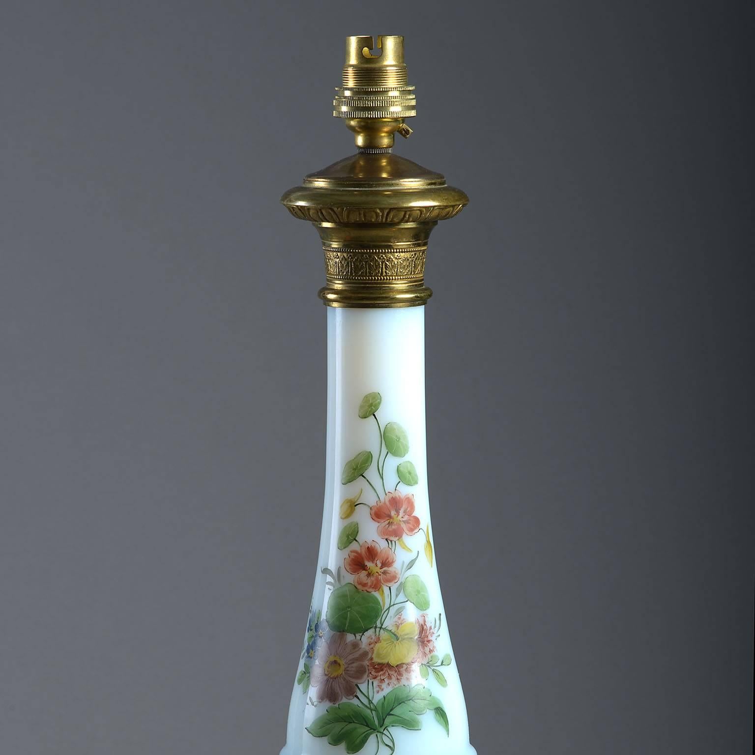 European 20th Century, Opaline Glass and Brass Lamp For Sale