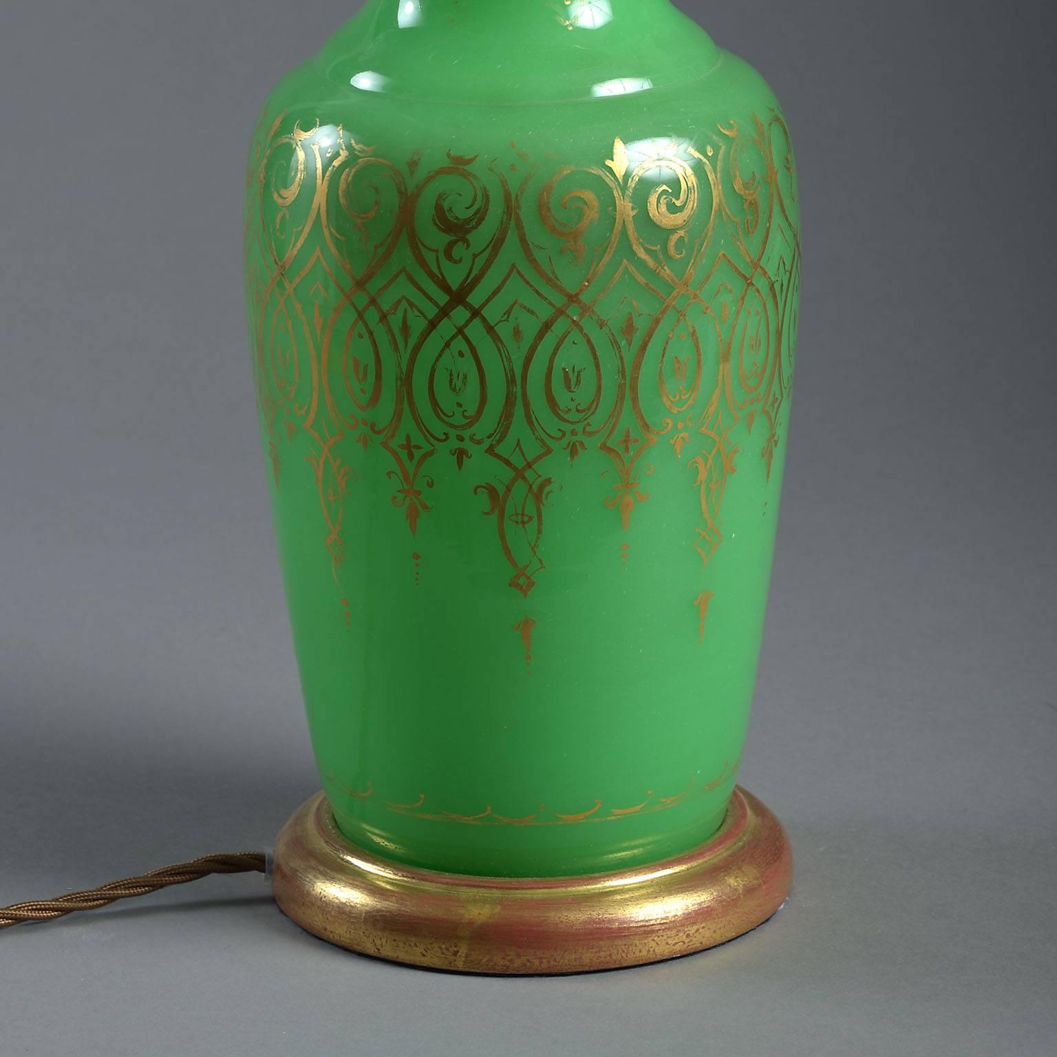 French Pair of 19th Century Green Opaline Glass Vase Lamps For Sale