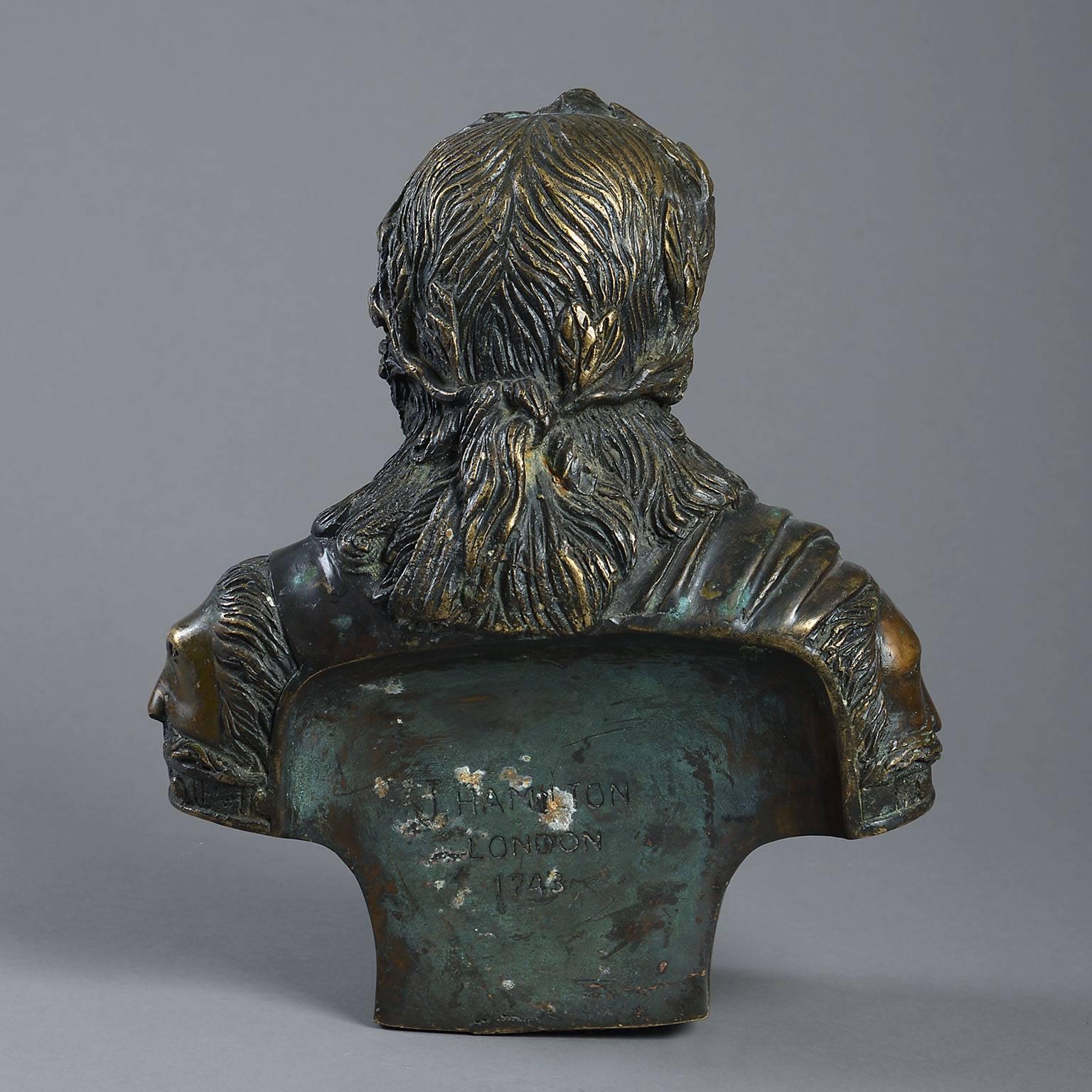 Bronze bust of George II
signed J. Hamilton, London, 1743. George II reigned from 1727 until his death in 1760. A bust by Rysbrack of the King, now in the Victoria & Albert Museum, shows him in similar victor's garb, probably after the battle of