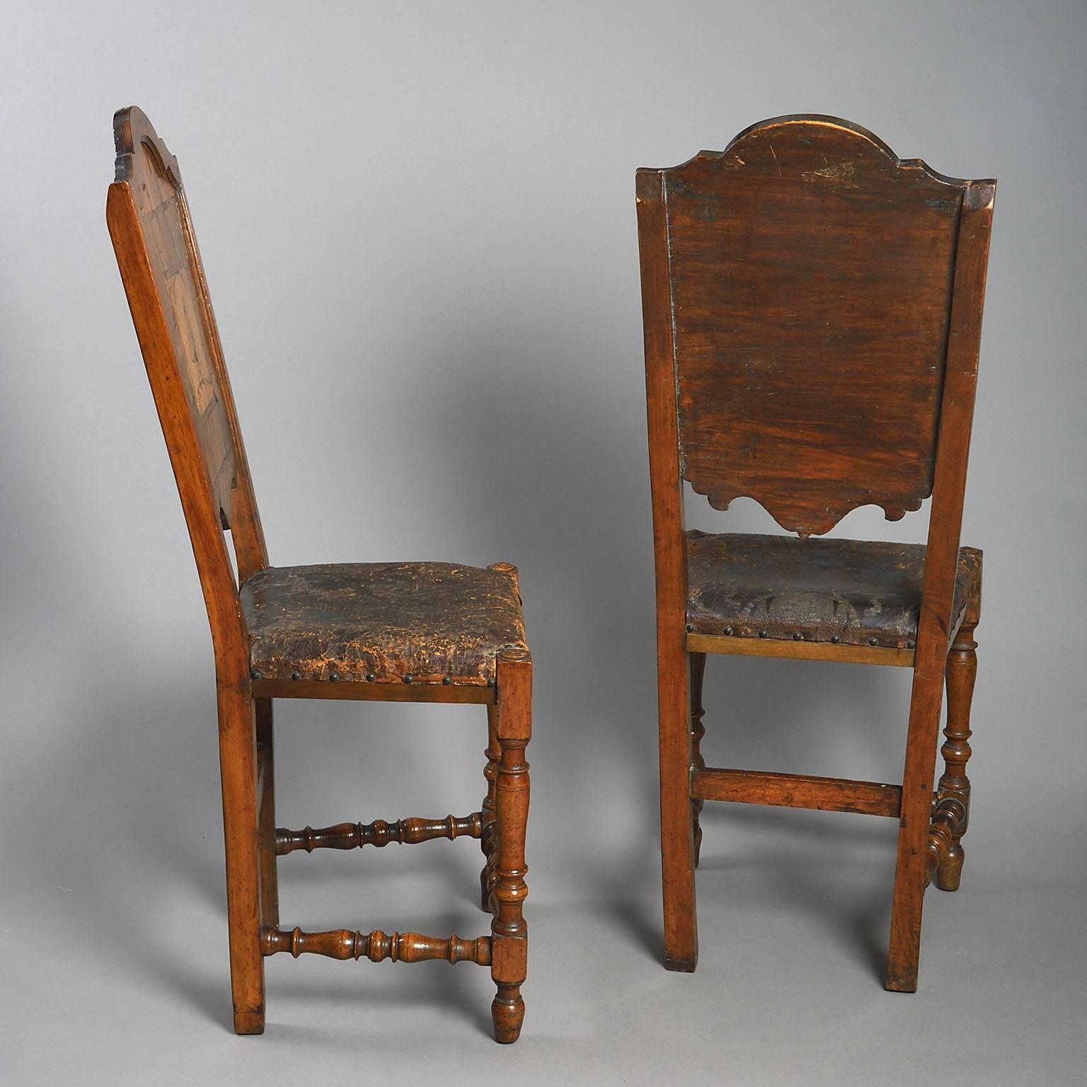 Pair or Set of Seven 18th Century North Italian Commedia del Arte Walnut Chairs In Excellent Condition For Sale In London, GB