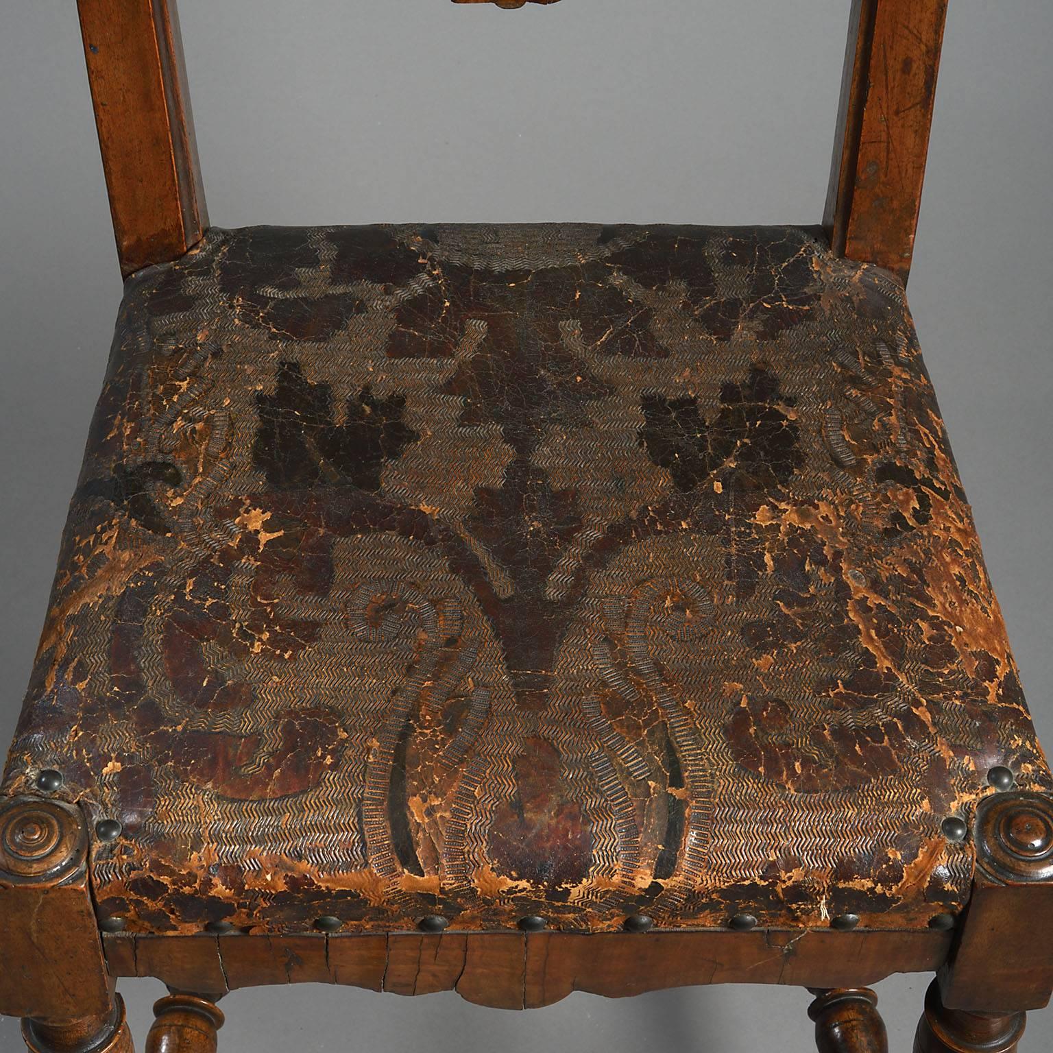 Upholstery Pair or Set of Seven 18th Century North Italian Commedia del Arte Walnut Chairs For Sale