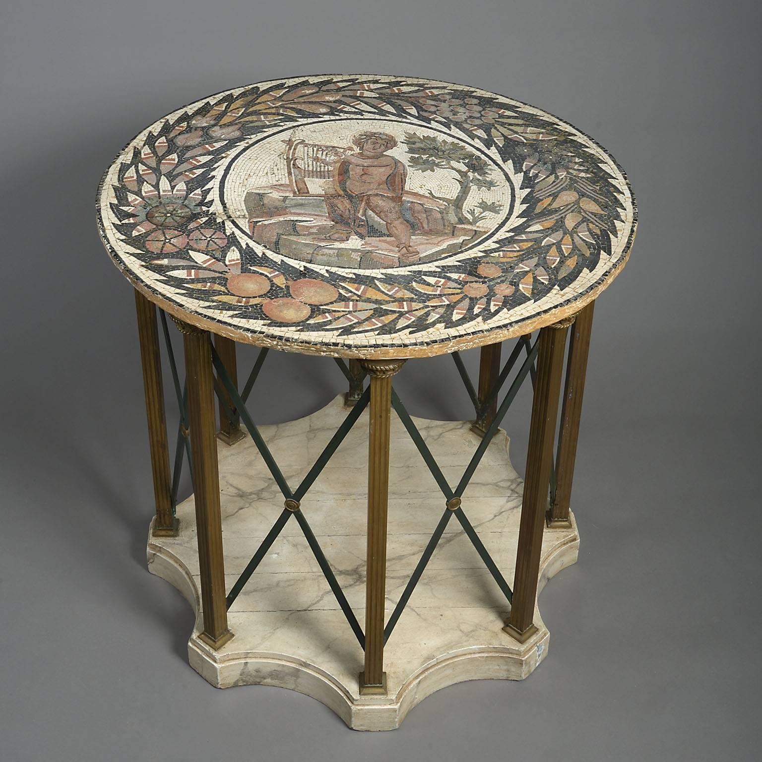 20th century mosaic top centre table
A very stylish and unusual early 20th century centre table. The brass legs with crossed stretchers on a marbled wood platform base supporting a mosaic top. The central medallion depicting a scene of Orpheus