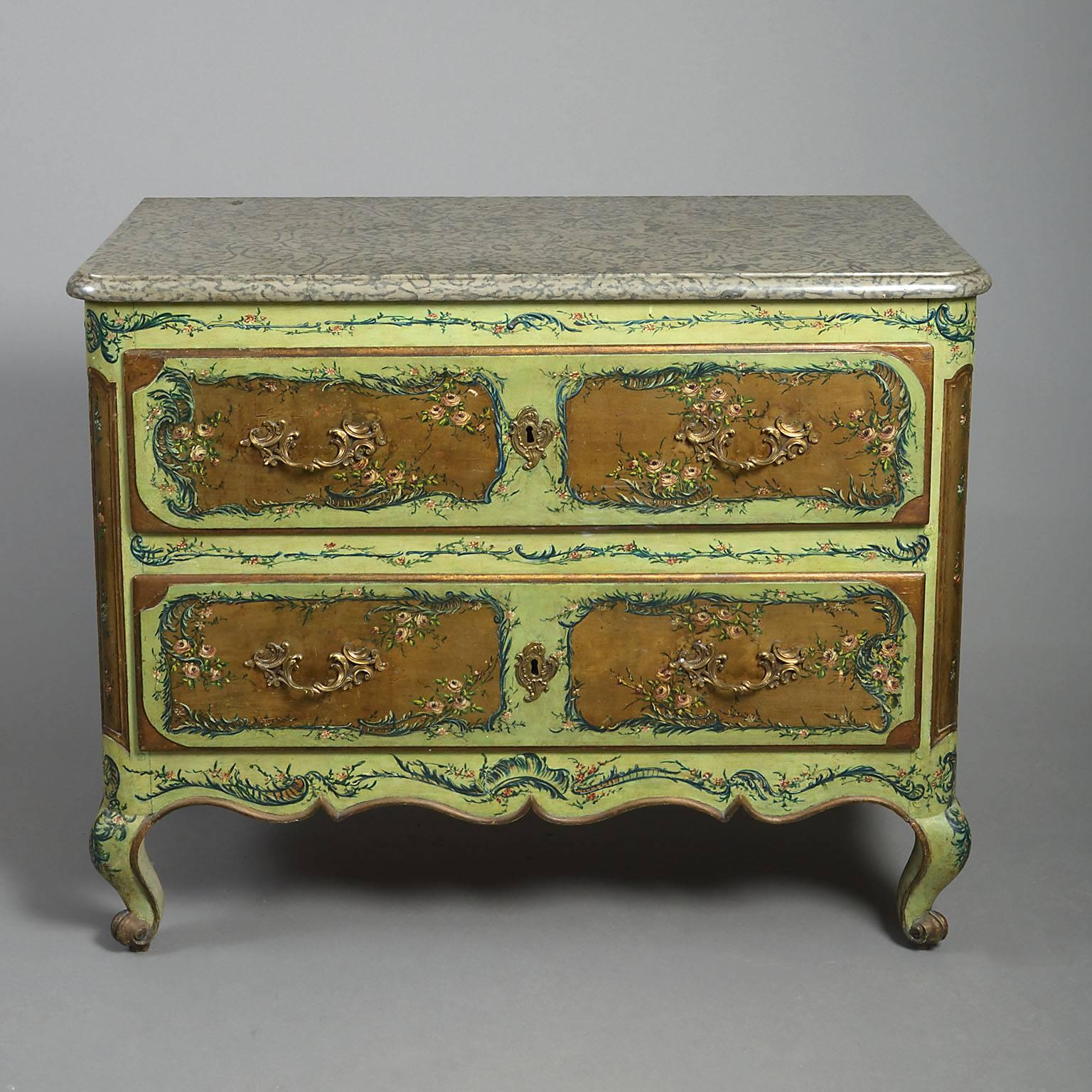 Louis XV Provincial painted commode

The mottled grey marble top above two drawers painted with rose-decked panels within green rococo borders and with well-cast rococo gilt-bronze handles and lock-plates, the panelled sides also painted with