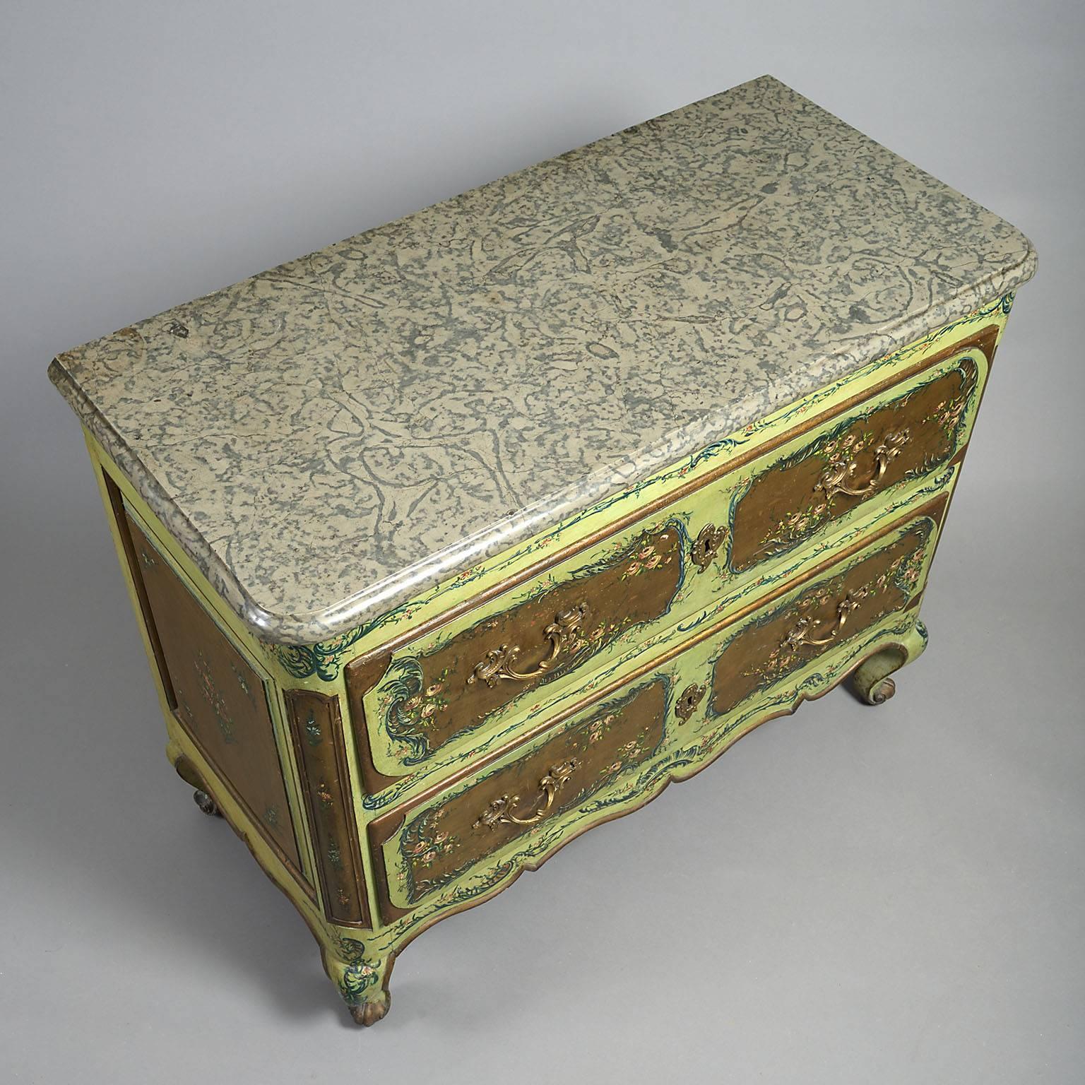 Hand-Carved 18th Century Louis XV Provincial Painted Commode of Chest of Drawers For Sale