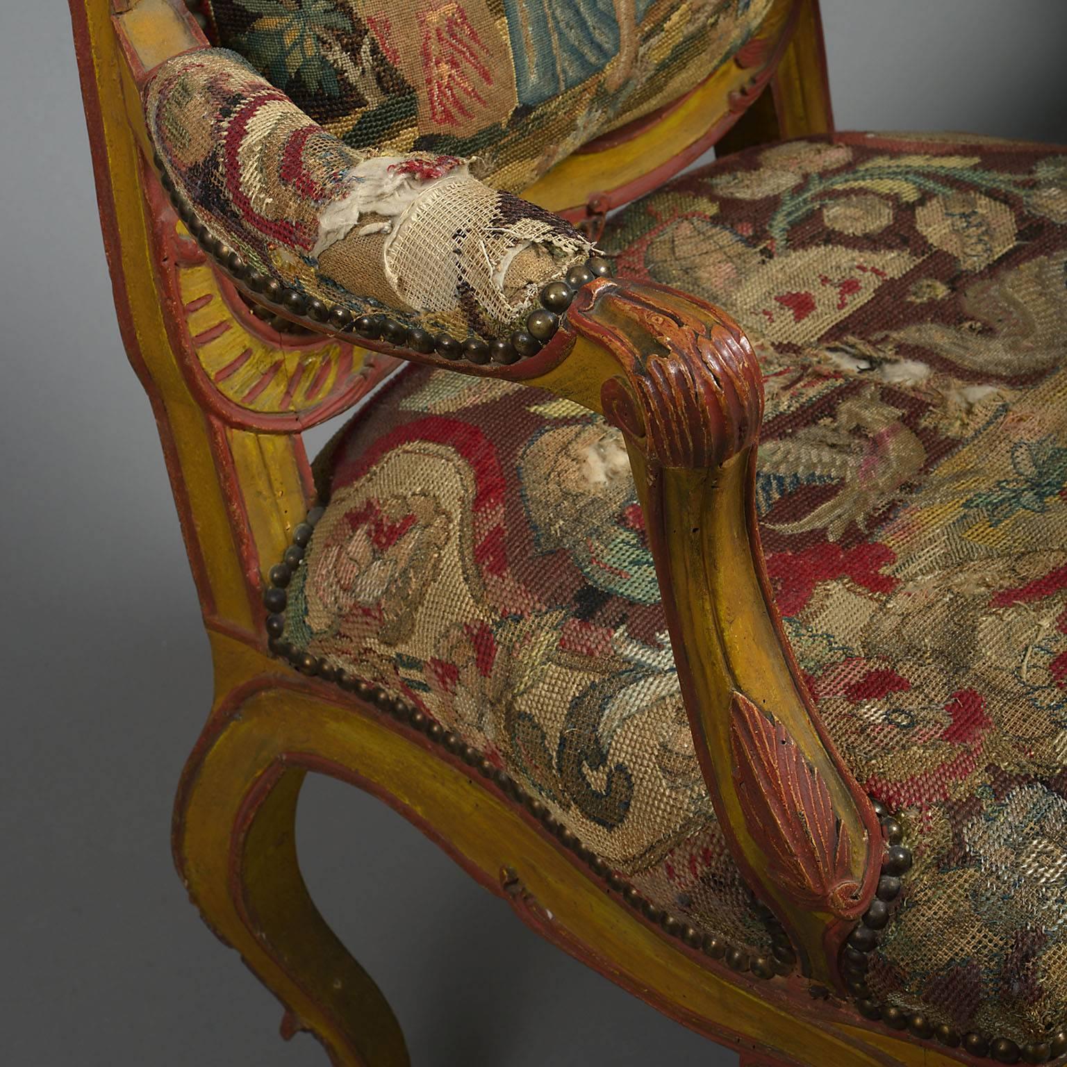 German Pair of 18th Century Bavarian Painted Needlework Armchairs For Sale