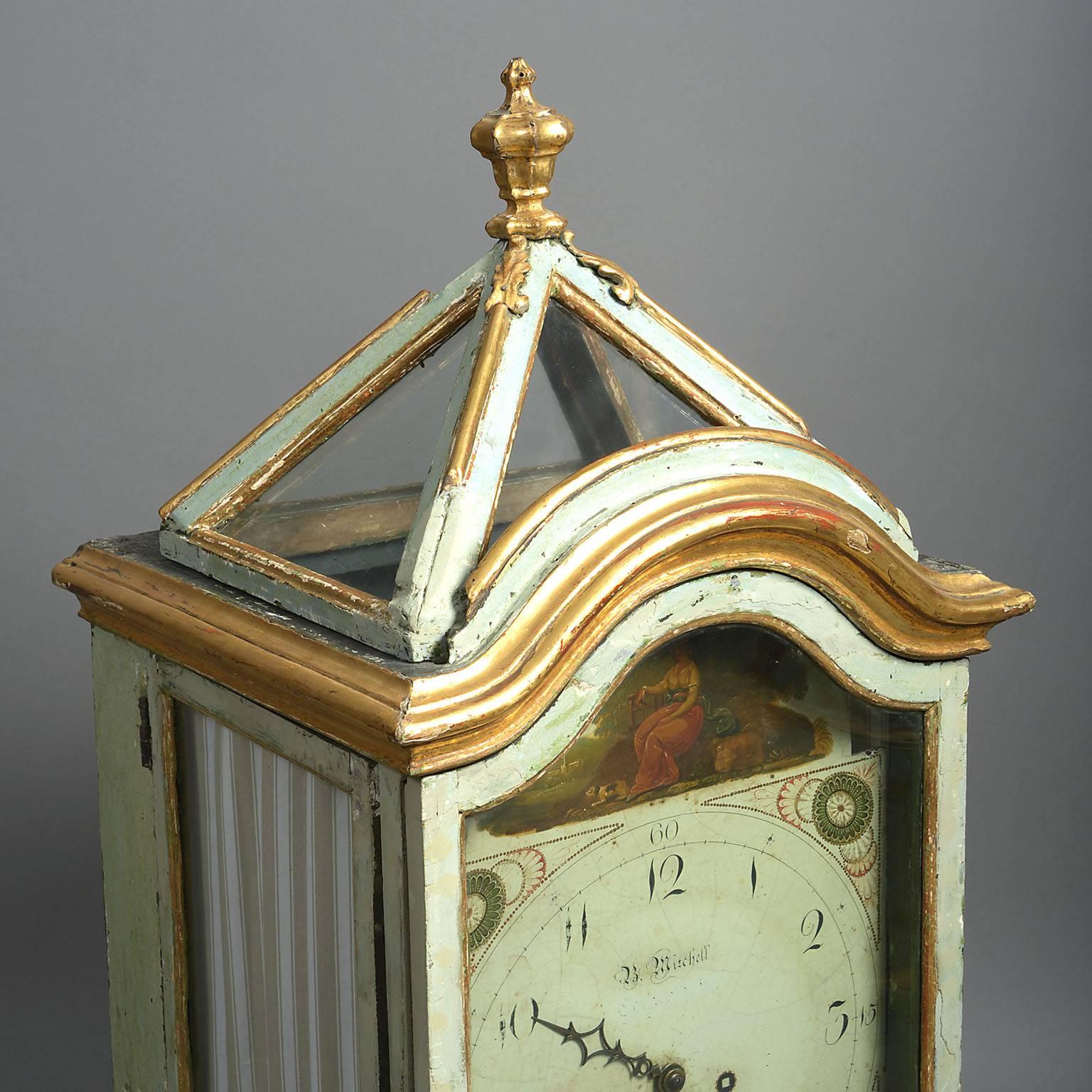 Carved Italian 18th Century Painted and Parcel-Gilt Longcase or Grandfather Clock For Sale