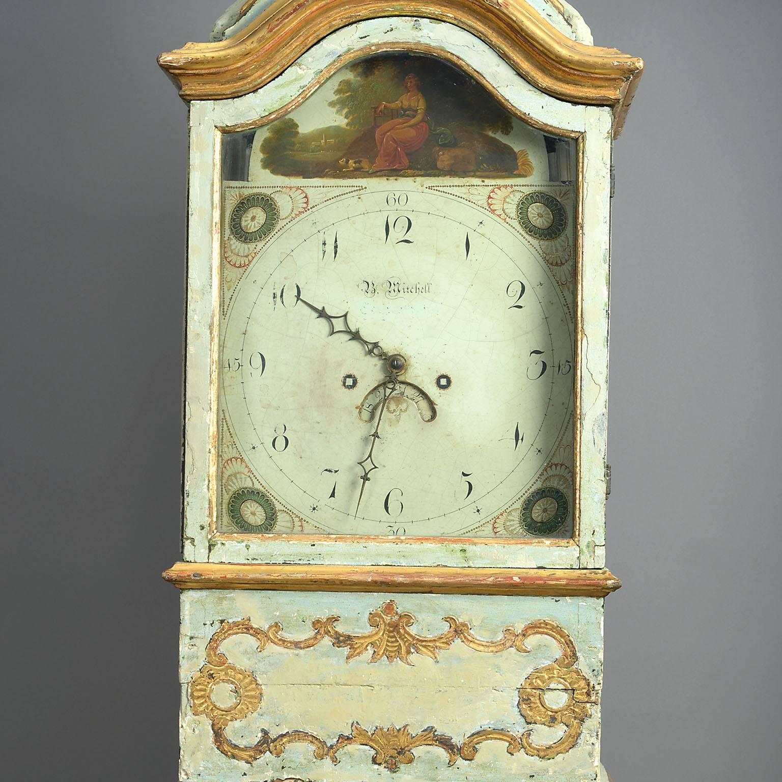 Rococo Italian 18th Century Painted and Parcel-Gilt Longcase or Grandfather Clock For Sale